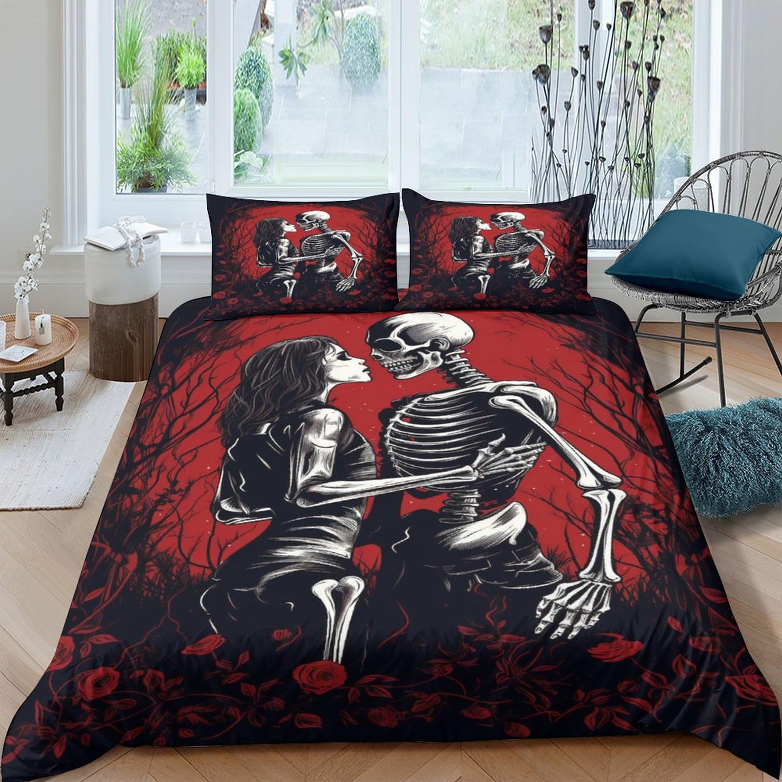 Aaharya Lovers Skeleton Bedding Set 3D Gothic Style Duvet Cover Set Soft Microfiber Quilt Cover With Pillowcases Double（200X200cm）