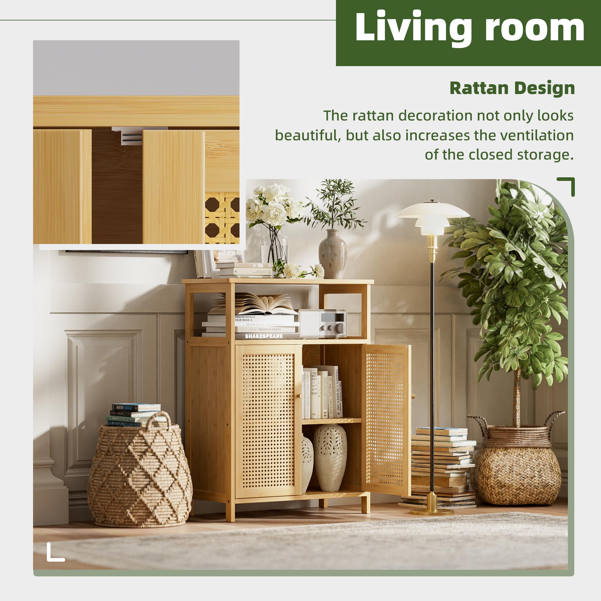 Armario de Baño con Soporte de Suelo, Mesa Organizadora de Almacenamiento de Bambú con 2 Puertas de Ratán y 1 Estante, Armario Lateral de Madera para Pasillo, Cocina, Sala de Estar (Natural)