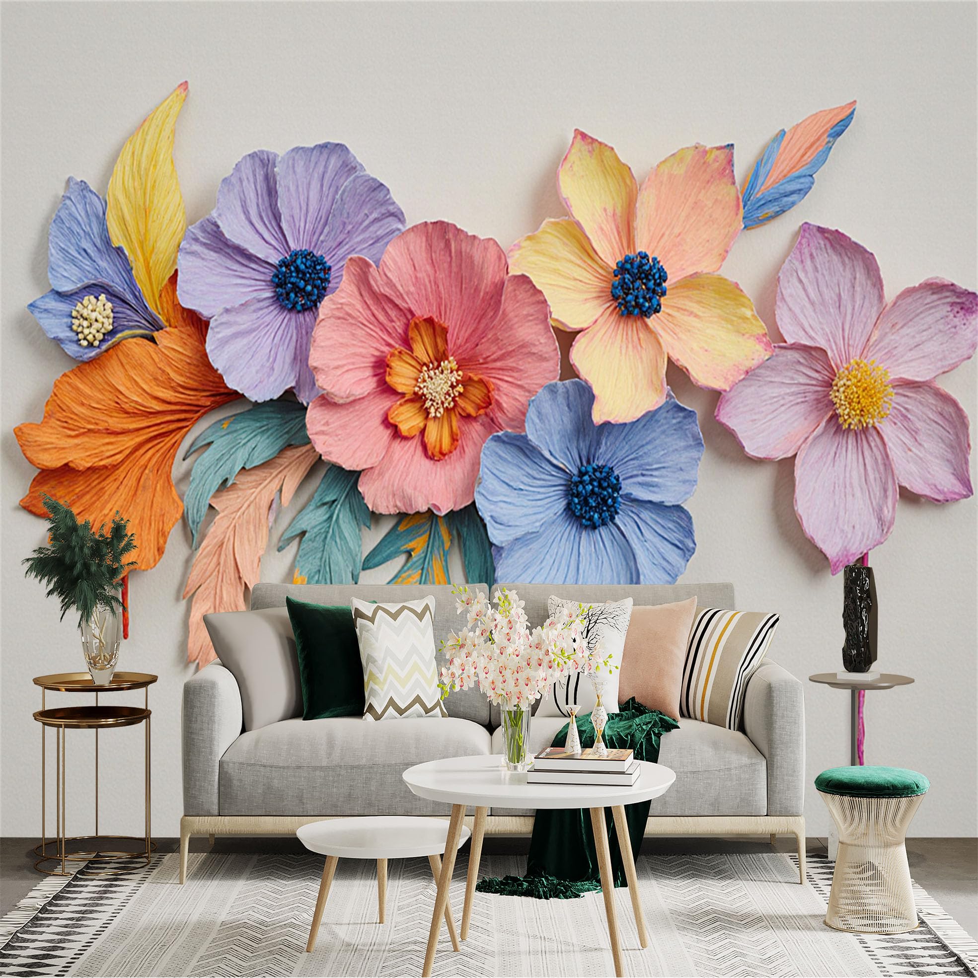 Custom Size Wall Sticker Mural， Colorful Pastel Paper Flowers， Delicate Botanical Illustration， Vibrant Floral Arrangement， for wall Decoration， peelandstick wall Decals.