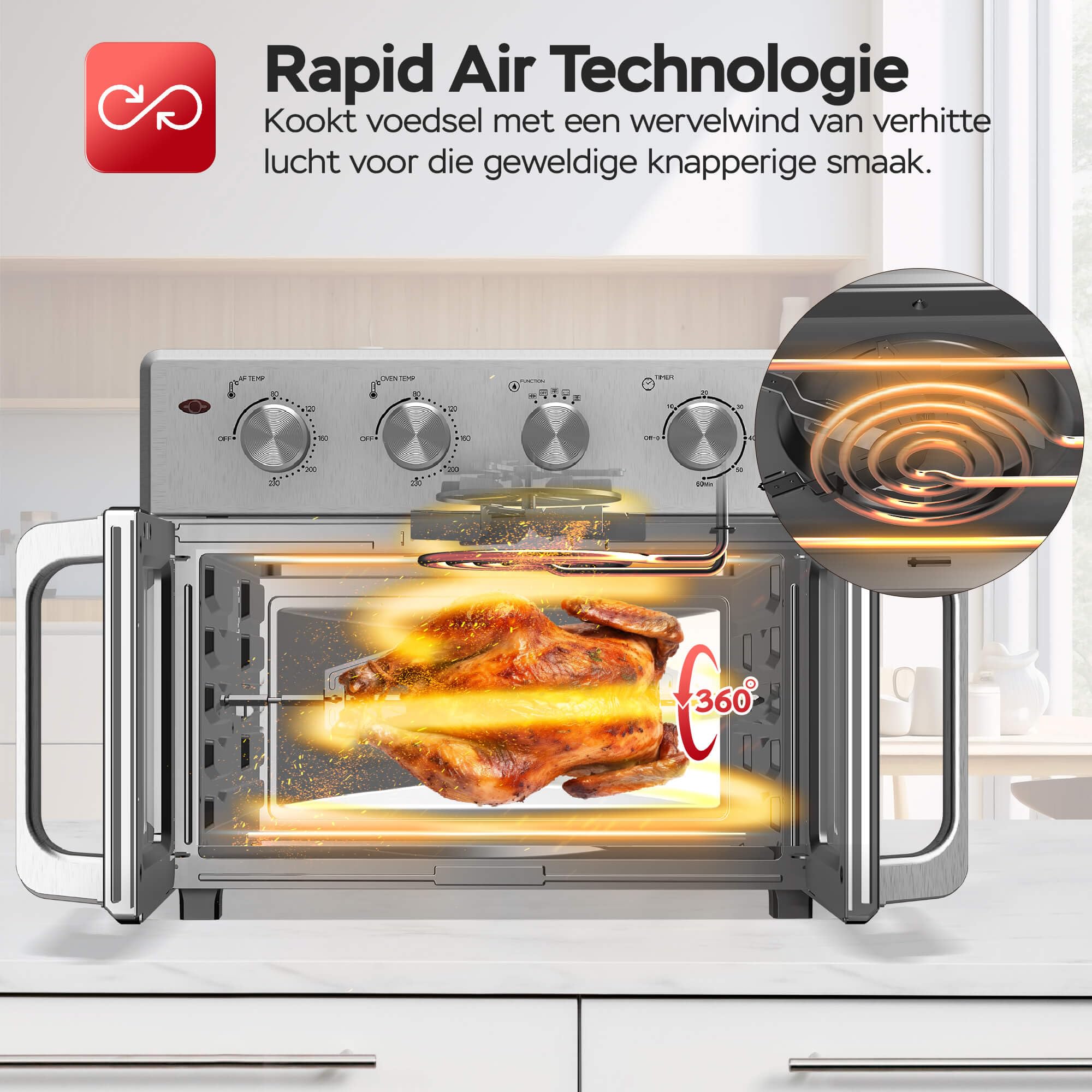 TurboTronic digitaler Heißluftofen - XXL 32 Liter mit Drehspieß für Hähnchen 4in1 Mini Backofen & Power Heißluftfritteuse Airfryer ab 80°C