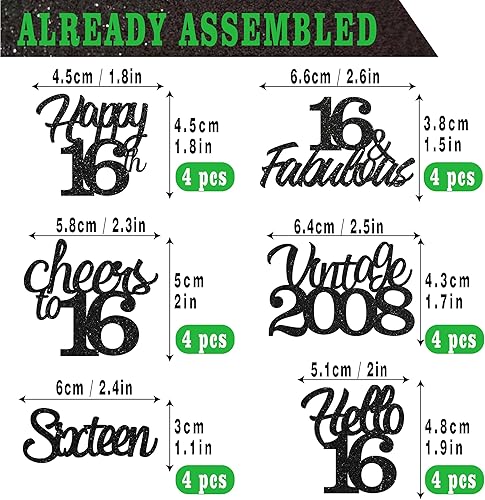 Miniatura 2 de Sotpot Decoración para cupcakes de cumpleaños número 16, 24 piezas de purpurina negra fabulosasaludosHello 16 para cupcakes para fiesta de