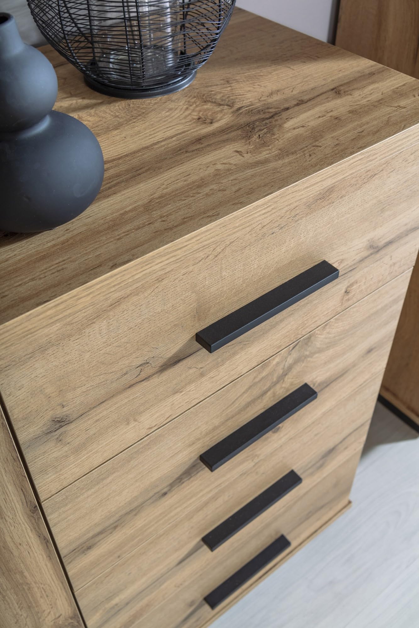 MINIO go for it - Kommode Lamia 6, Sideboard 141cm Breit mit Schubladen | Farbe: Wotan Eiche / Schwarz Matt