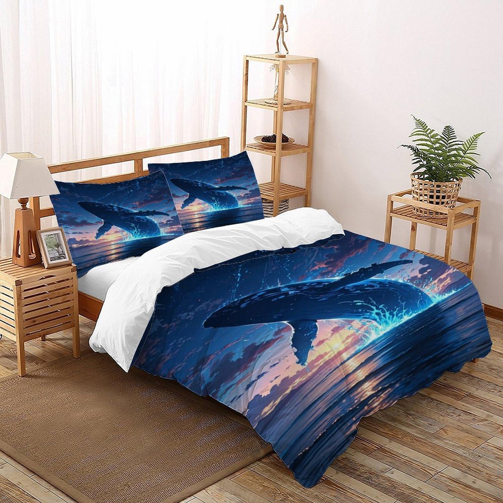 Whale Night Sky Bedding Set Theme Bedspread Animal Theme Wildlife Marine Animal Duvet Cover Set Microfiber Comforter Cover for Boys&Girls with Pillowcase Super King（260x220cm）