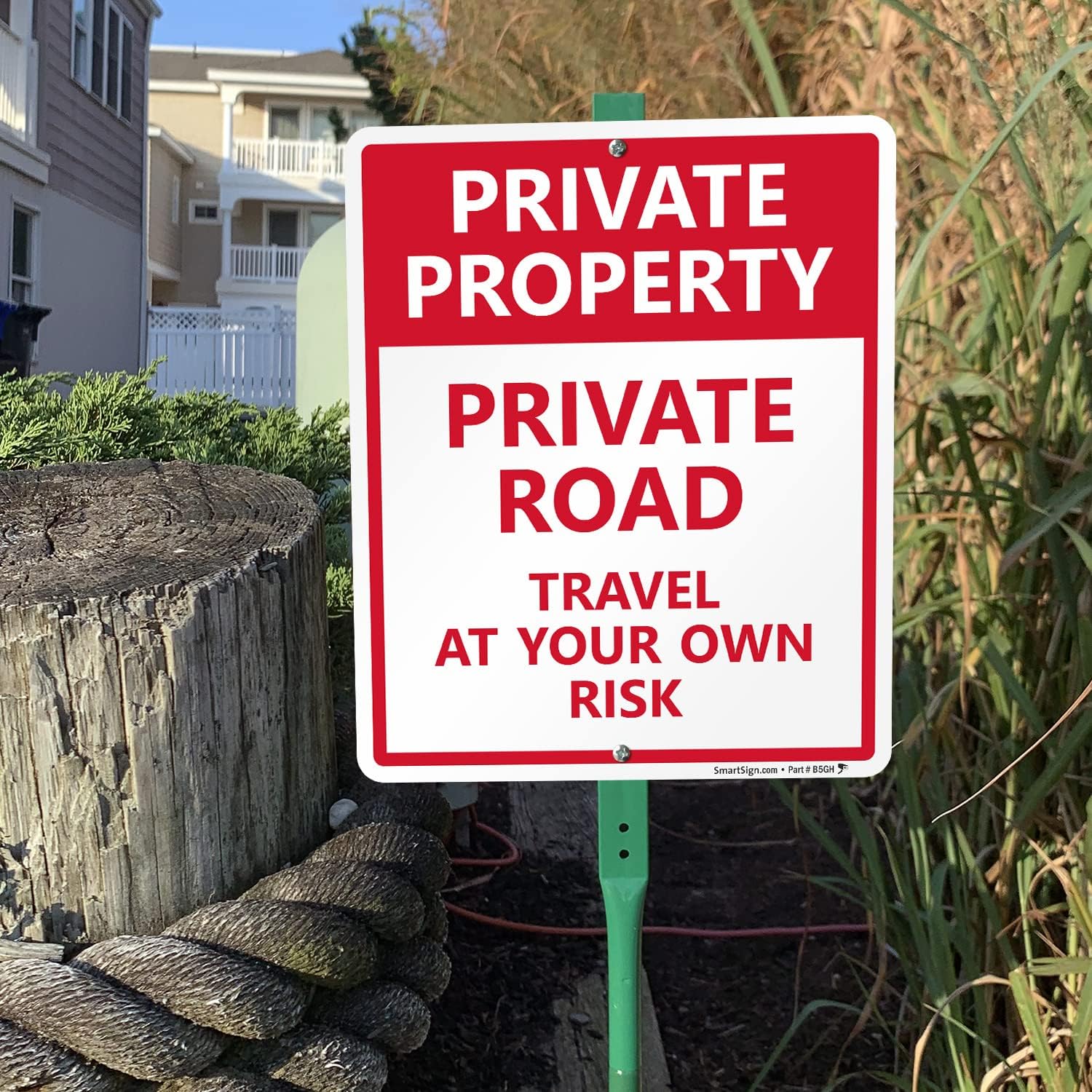 SmartSign "Private Property - Private Road, Travel At Your Own Risk" LawnBoss® Sign | 10" x 12" Aluminum Sign With 3' Stake