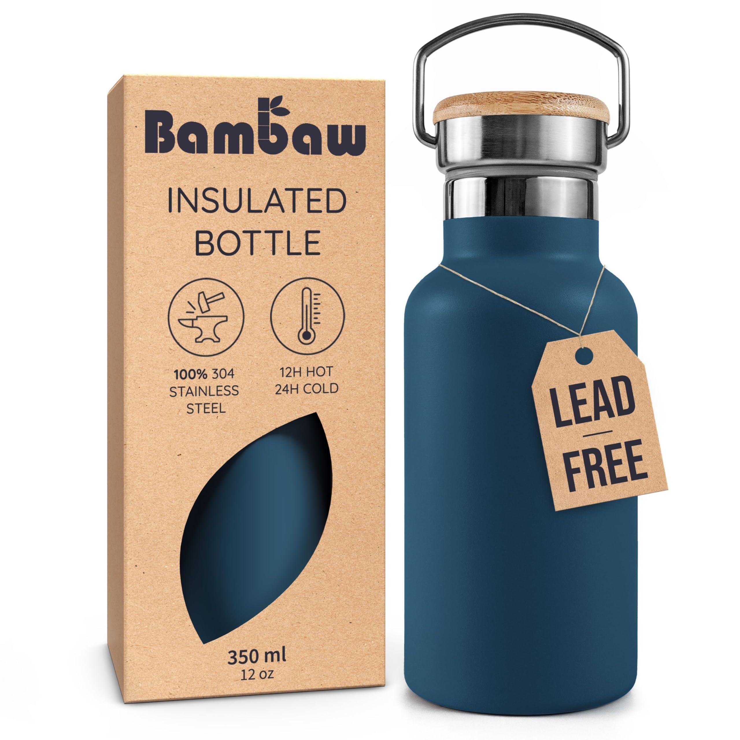 Bambaw 12 oz Stainless Steel Water Bottle, Aegean Blue, 350 ml, Double Wall Insulated, Leakproof, Dishwasher Safe, BPA Free