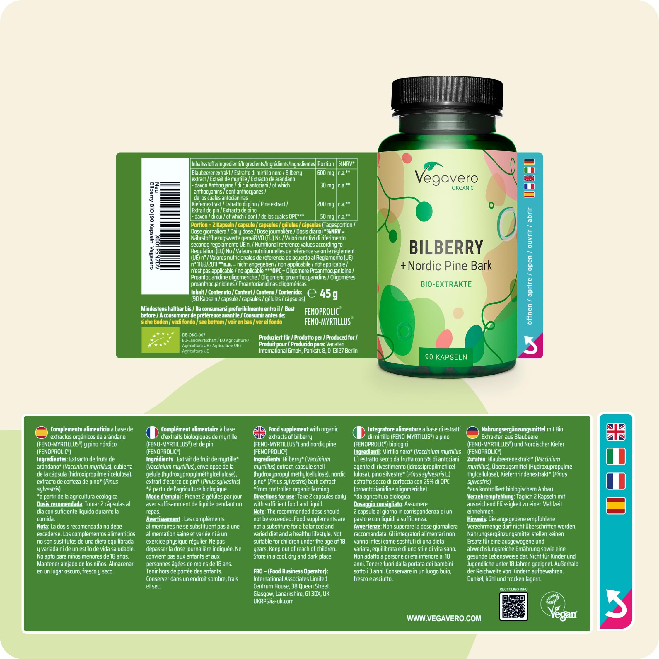 Myrtille + Écorce de Pin BIO Vegavero® | Extraits Fortement Dosés | Sans Additifs | Avec Proanthocyanidines (OPC) | Antioxydant Puissant + Yeux | 90 Gélules | VEGAN