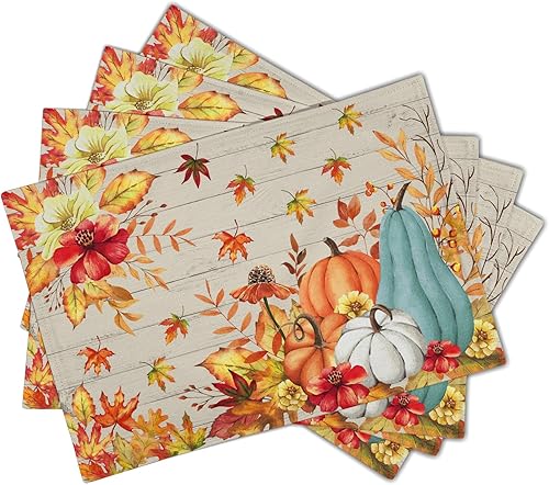 Miniatura 16 de Juego de 4 manteles individuales de otoño, 12 x 18 pulgadas, naranja, azul, blanco, calabaza, hoja de arce, rústico, otoño, tablero, tablero, mantel