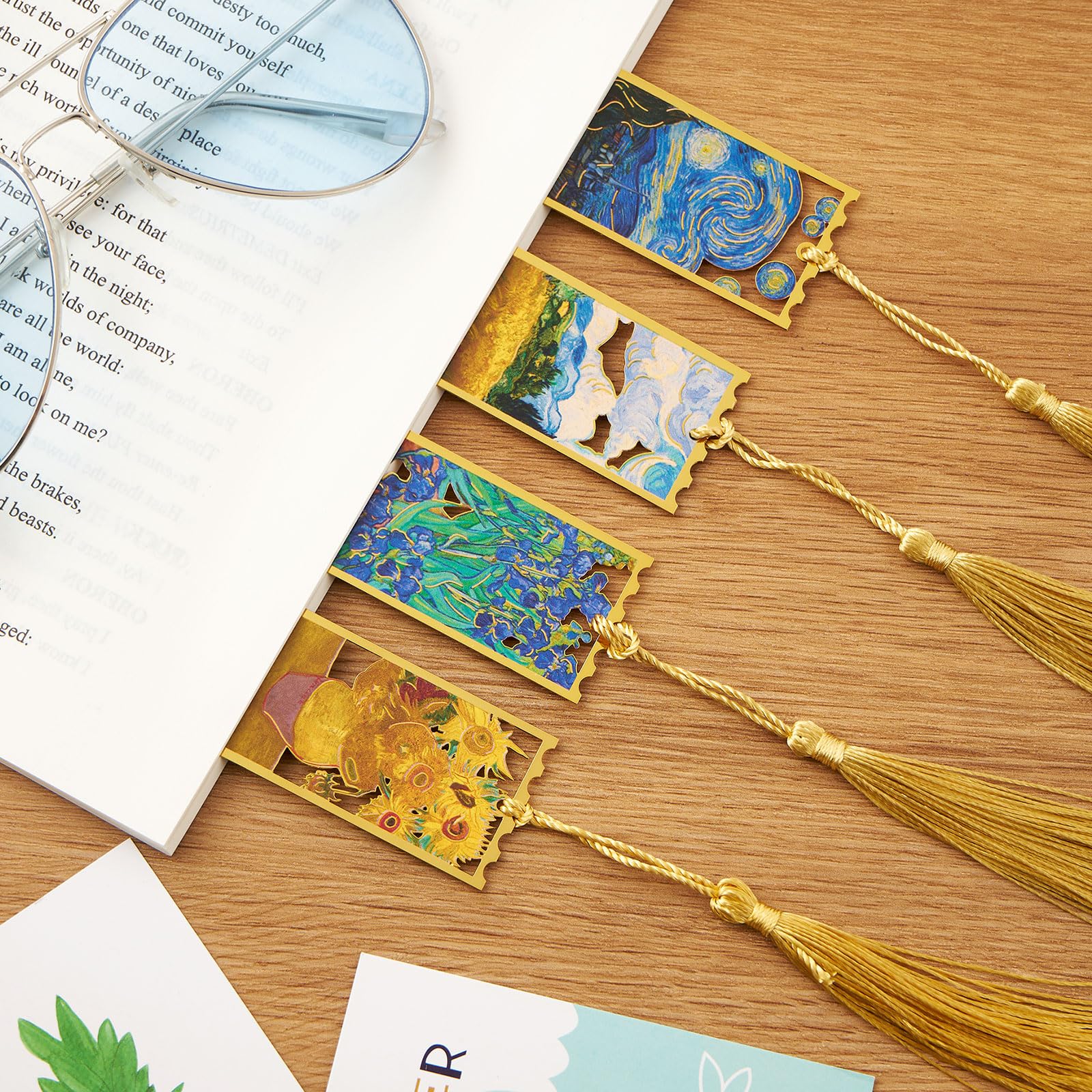 ZOUIQSS Metal Bookmarks with Tassel Golden Hollow Bookmark Van Gogh Oil Painting Theme Book Mark Bookmarks for Book Lovers Writers Readers Men Women,4 Pieces,Style1 - Image 3