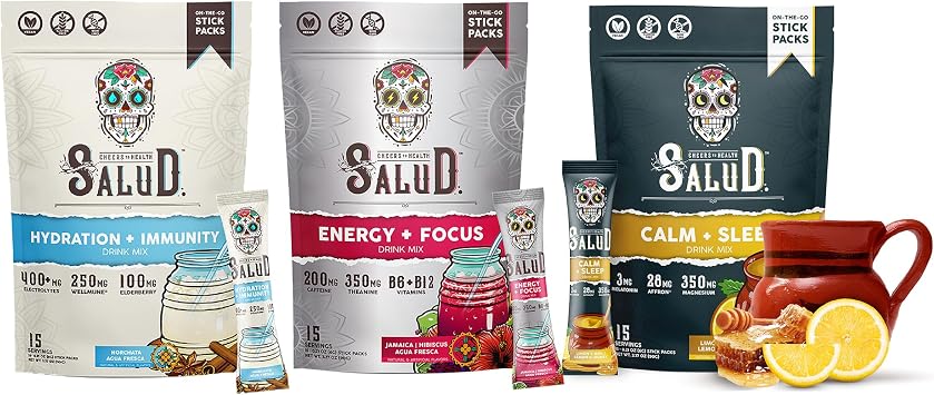 Salud Variety 3-Pack | 2-in-1 Hydration + Immunity Horchata, Energy + Focus Hibiscus & Calm + Sleep Lemon Honey 15 Servings Each, Non-GMO, Gluten Free, Low Calorie, 1g of Sugar