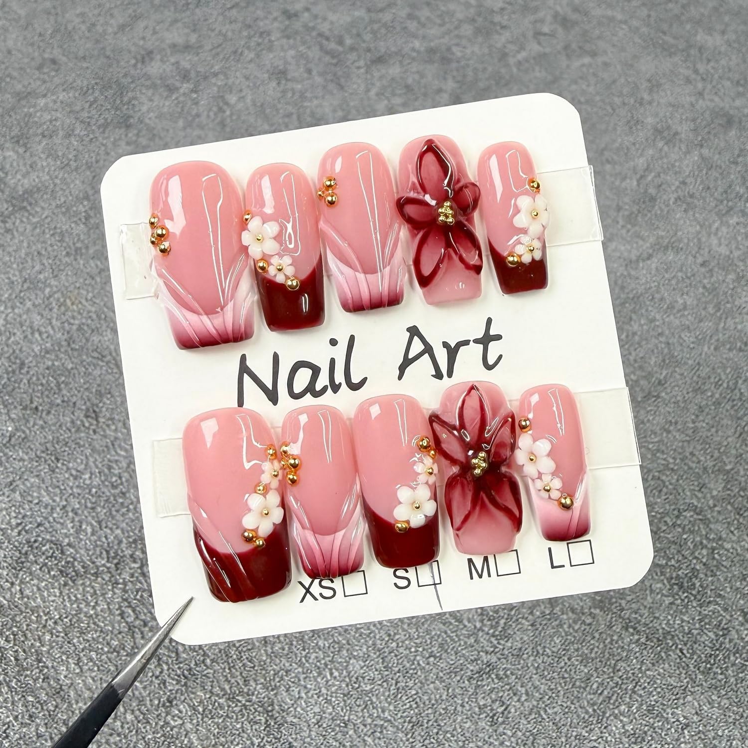 Handmade Flower Press on Nails Medium Square Fake Nails Luxury Pearl Charm Red French Tip with 3D Flower Designs Muti-Layer Gel Glossy Gradeint Acrylic Nails for Women (Size S）
