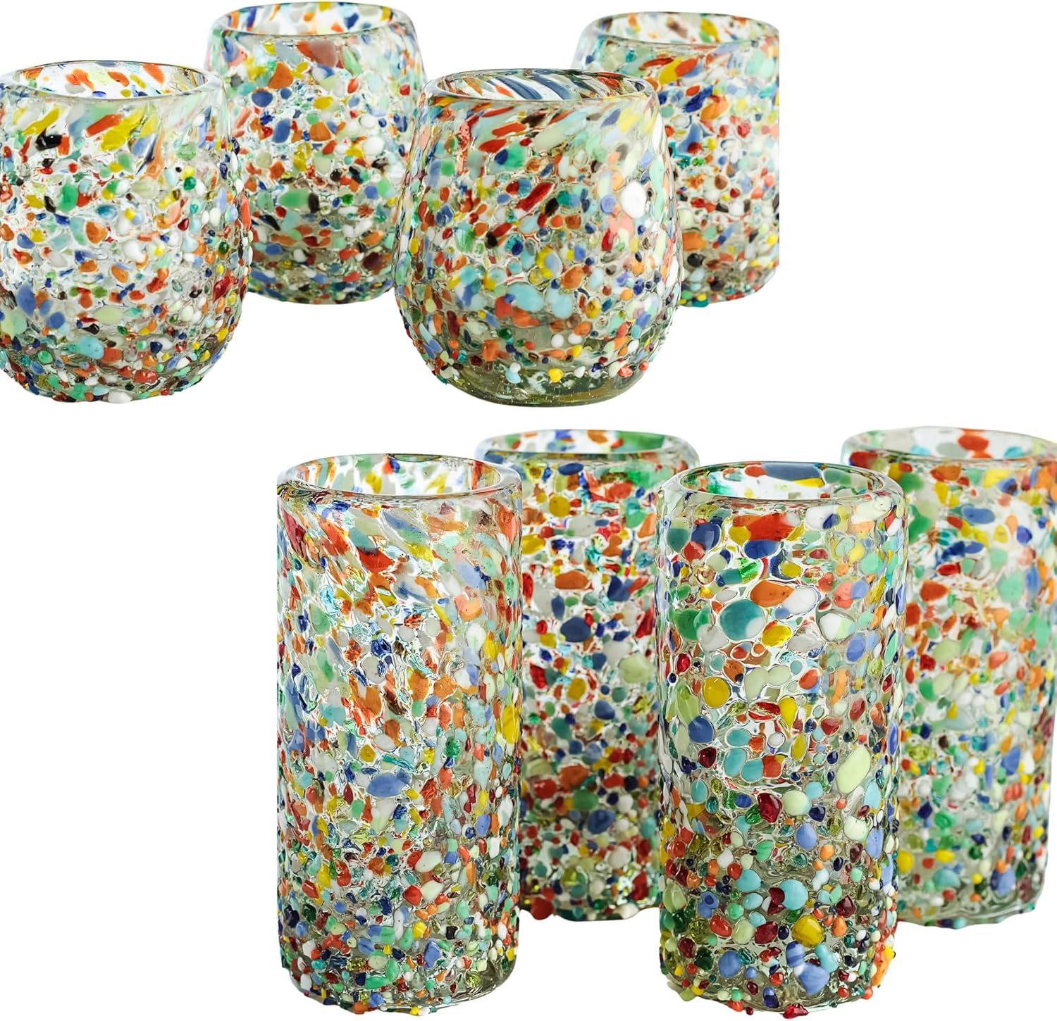 Handblown Mexican Shot Glass Set – 8 pcs – Confetti & Barrel Confetti – Authentic Tequila Glasses