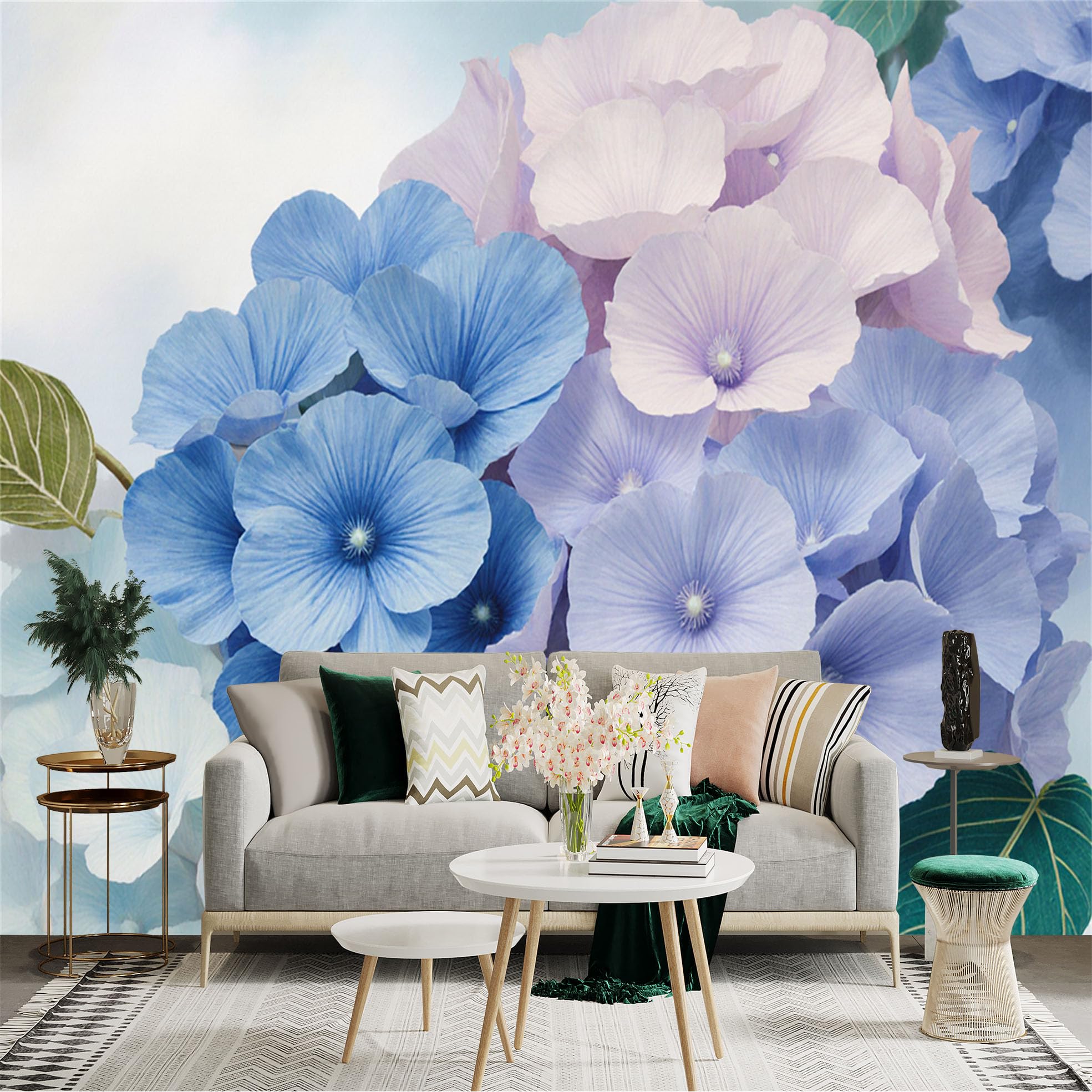 Custom Size Wall Sticker Mural， Elegant Blue and Pastel Purple Hydrangea Flowers， Floral Botanical Art， for wall Decoration， peelandstick wall Decals.