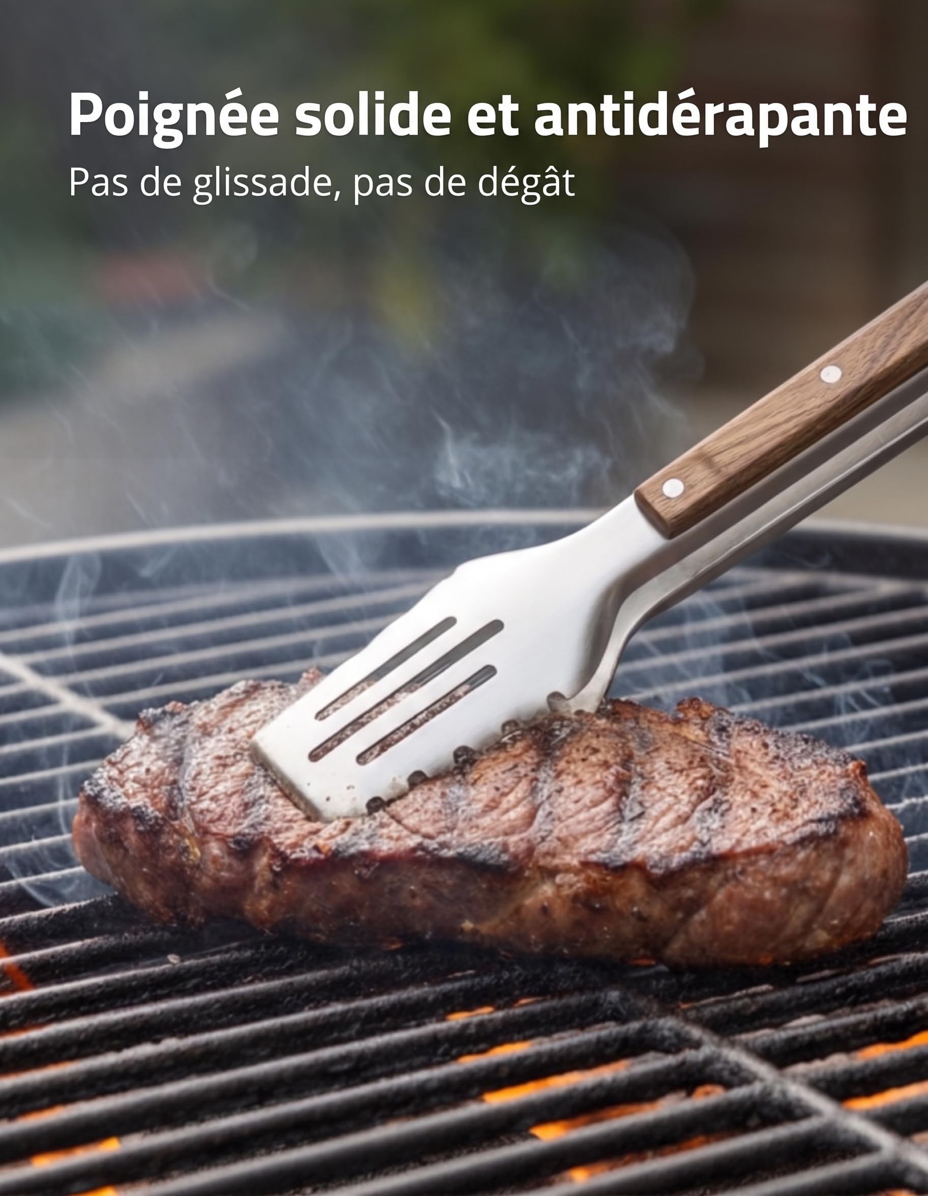 Pince Barbecue 43 cm Acier Inoxydable 304 - Pince Grillade Extra-Longue avec Manche Bois de Noyer, Embouts Dentelés Fentes, Anneau Verrouillage et Crochet, Pochette Cadeau Incluse - Stone & Clark