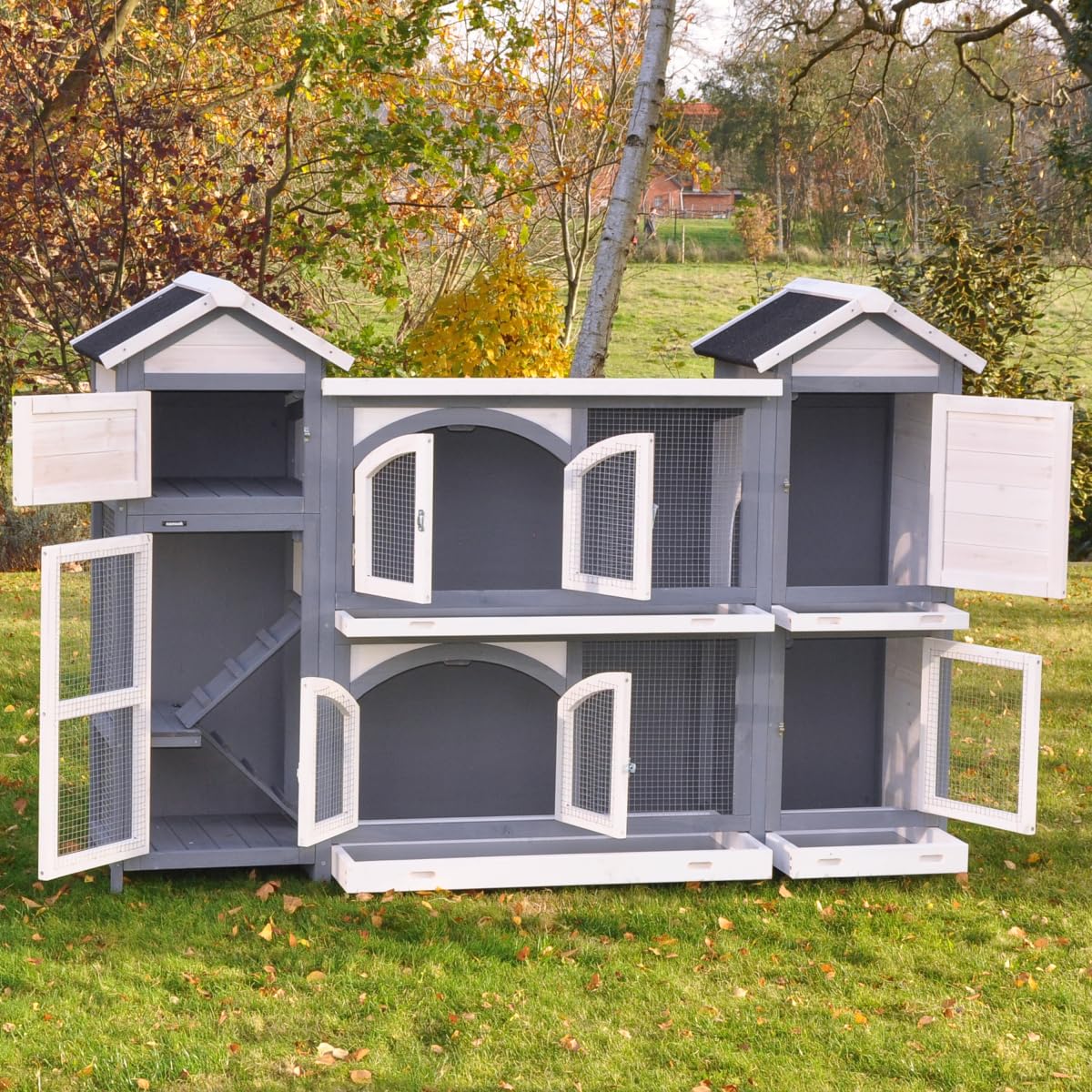 nanook Kaninchenstall, Hasenstall Castle XXL mit seitlichen Aufgängen für mehr Platz - wetterfest - Staufach - extragroß 181 x 43 x 127 cm grau/Weiss
