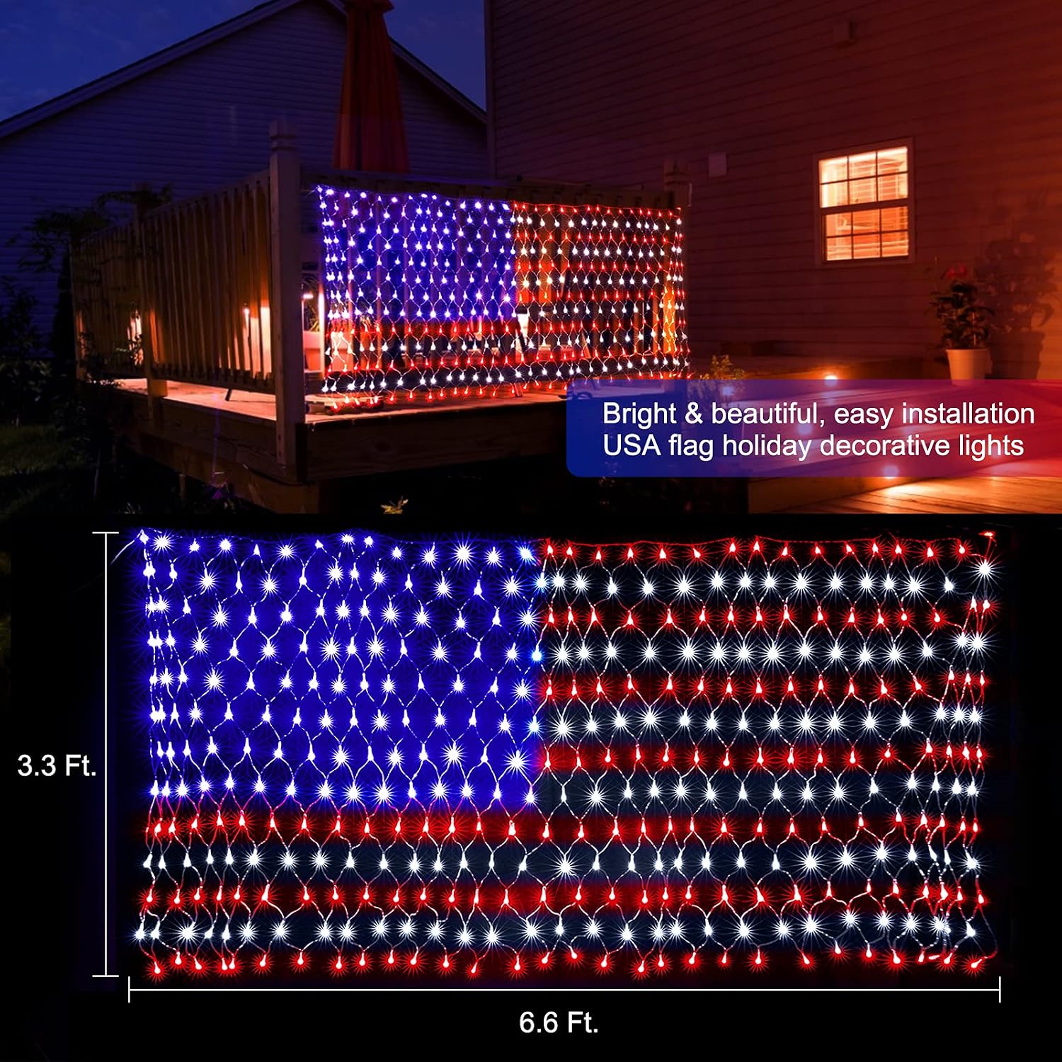 American Flag Lights 390 Super Bright LED with 8 Modes Indoor Outdoor Waterproof Led USA Flag Net Hanging Lights Ornaments for Patriot's Day,July 4th Independence Day, Yard Garden Christmas Decor