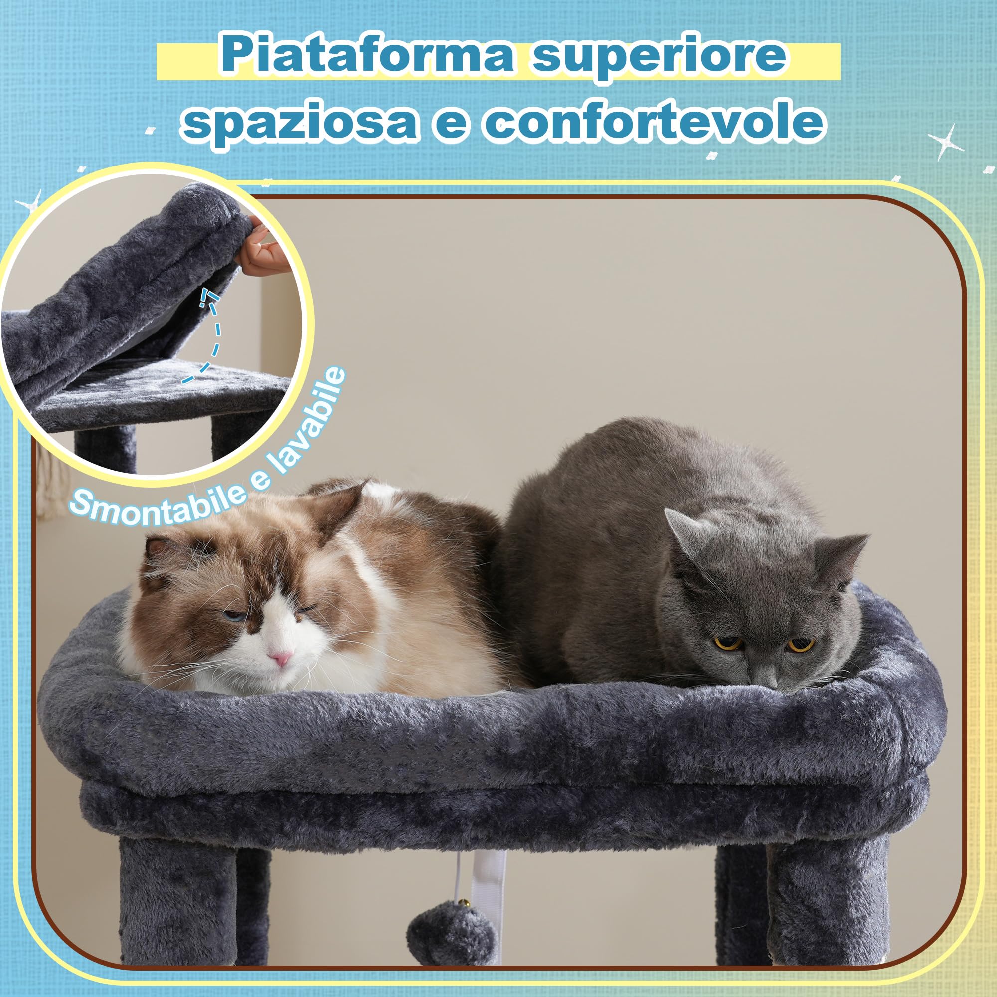 Hey-brother Albero per Gatti, Tiragraffi per Gatti per di con grande piattaforma Per i gatti adulti, Con 2 cuccie per gatti, amaca, arricciatoio di sisale e cestino per gatti, Griso fumé MPJ071G