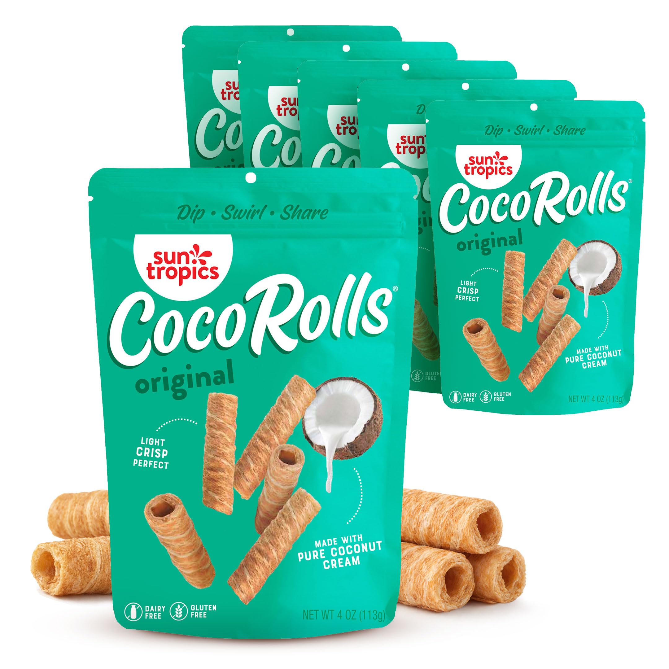 Sun Tropics CocoRolls Original, Gluten Free, Dairy Free, Snack-Crisp Rolled Wafer Made With Pure Coconut Cream, 6 Count