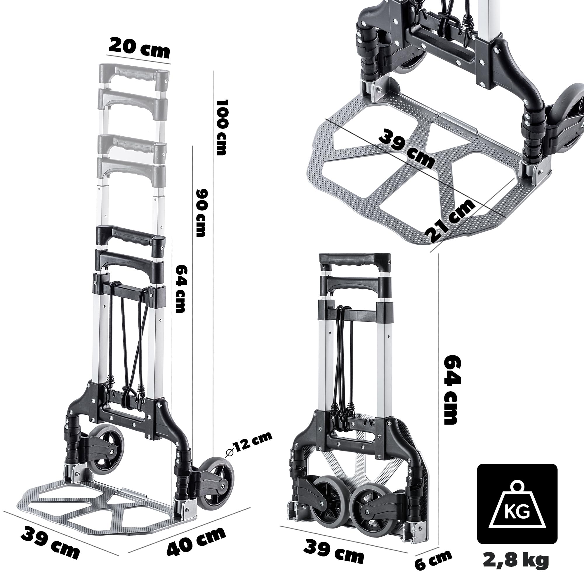 KADAX Carretilla de transporte plegable de aluminio con mango telescópico (100 cm), carro de mano con superficie de carga antideslizante y ruedas de marcha suave – Carretilla compacta para el hogar