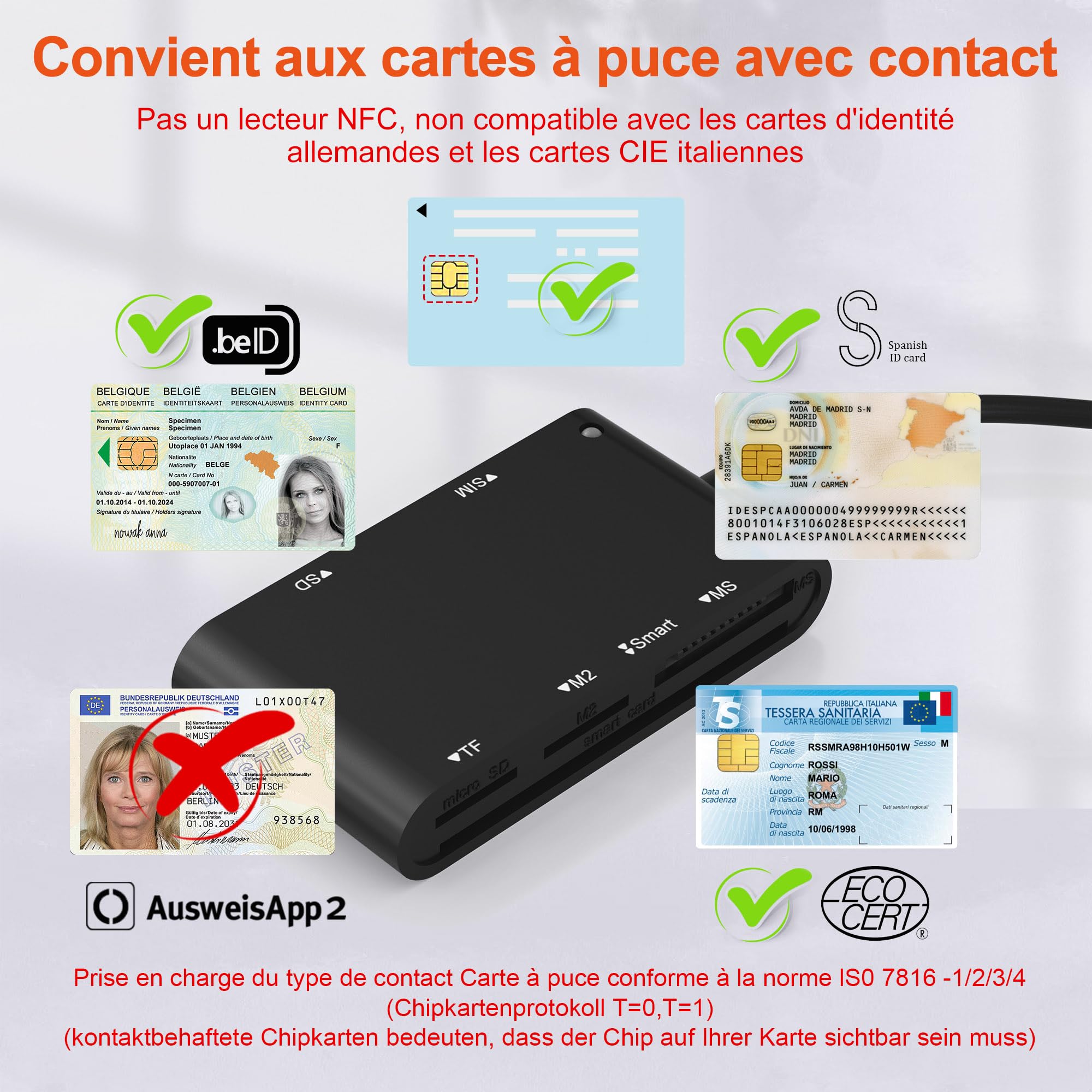 7en2 Lecteur Carte Identité Belge Compatible MicroSD, SD, MMC, SIM, M2, Memory Stick Pro Duo Pour Signature Électronique, DNI, Carte de Santé, eID Belgique