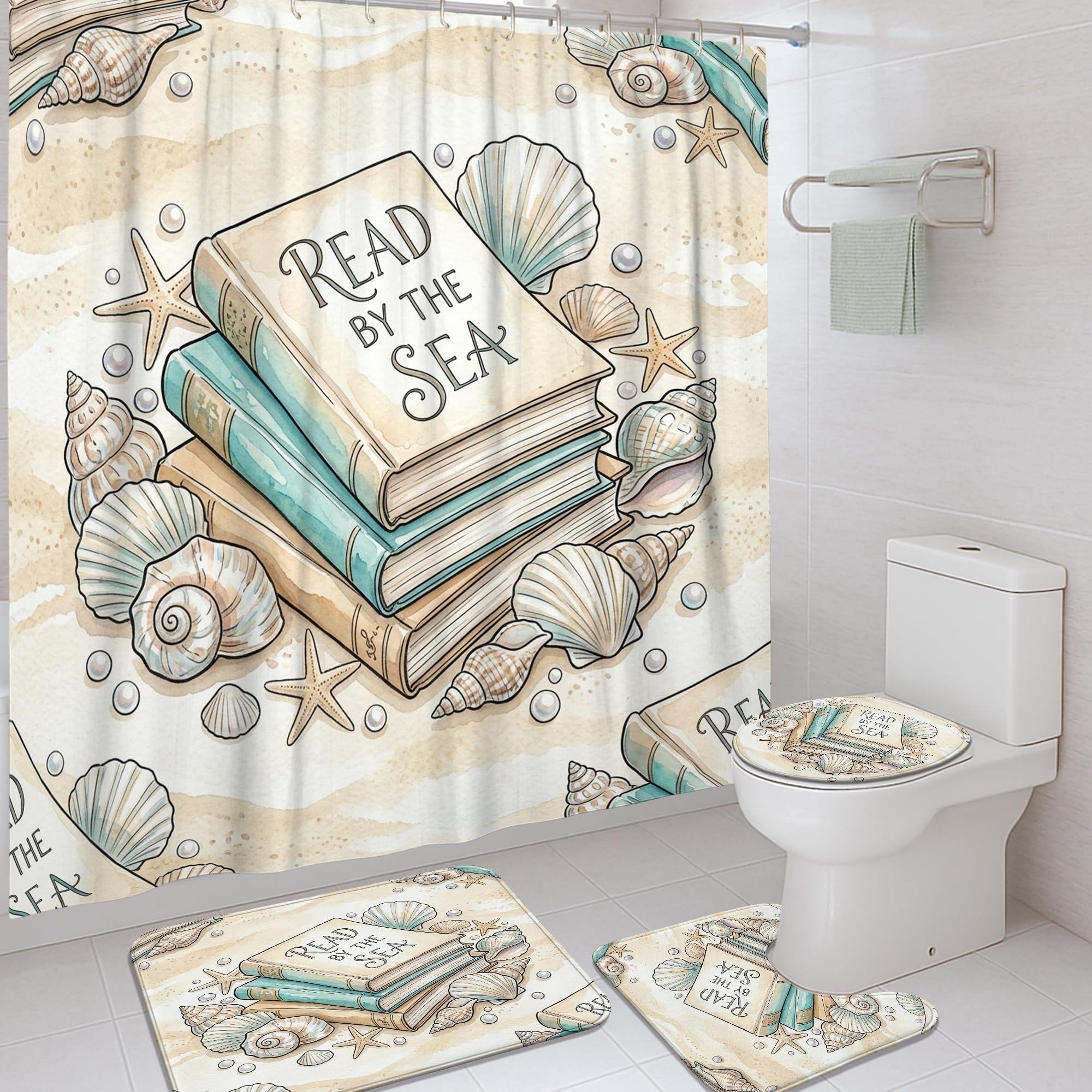 Rideau de douche imperméable anti-moisissure lavable motif coquillages turquoise