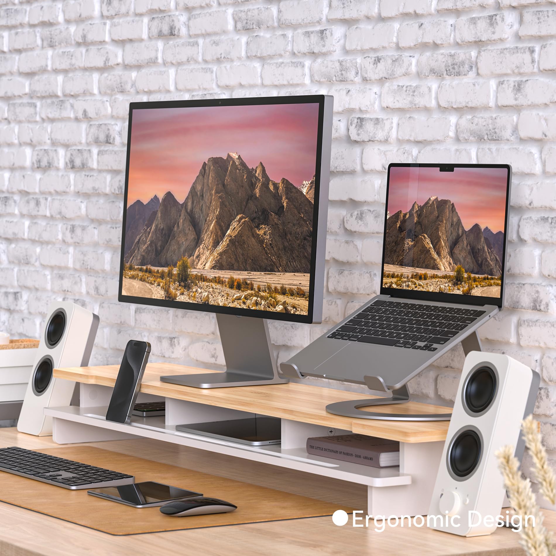 WELL WENG Monitorständer Doppelmonitorständer für Schreibtisch, Holzregal für Schreibtisch mit Aufbewahrungsorganizer und Halterung für Smartphone und Tablet (108 cm, weiß und naturfarbenes Bambus)
