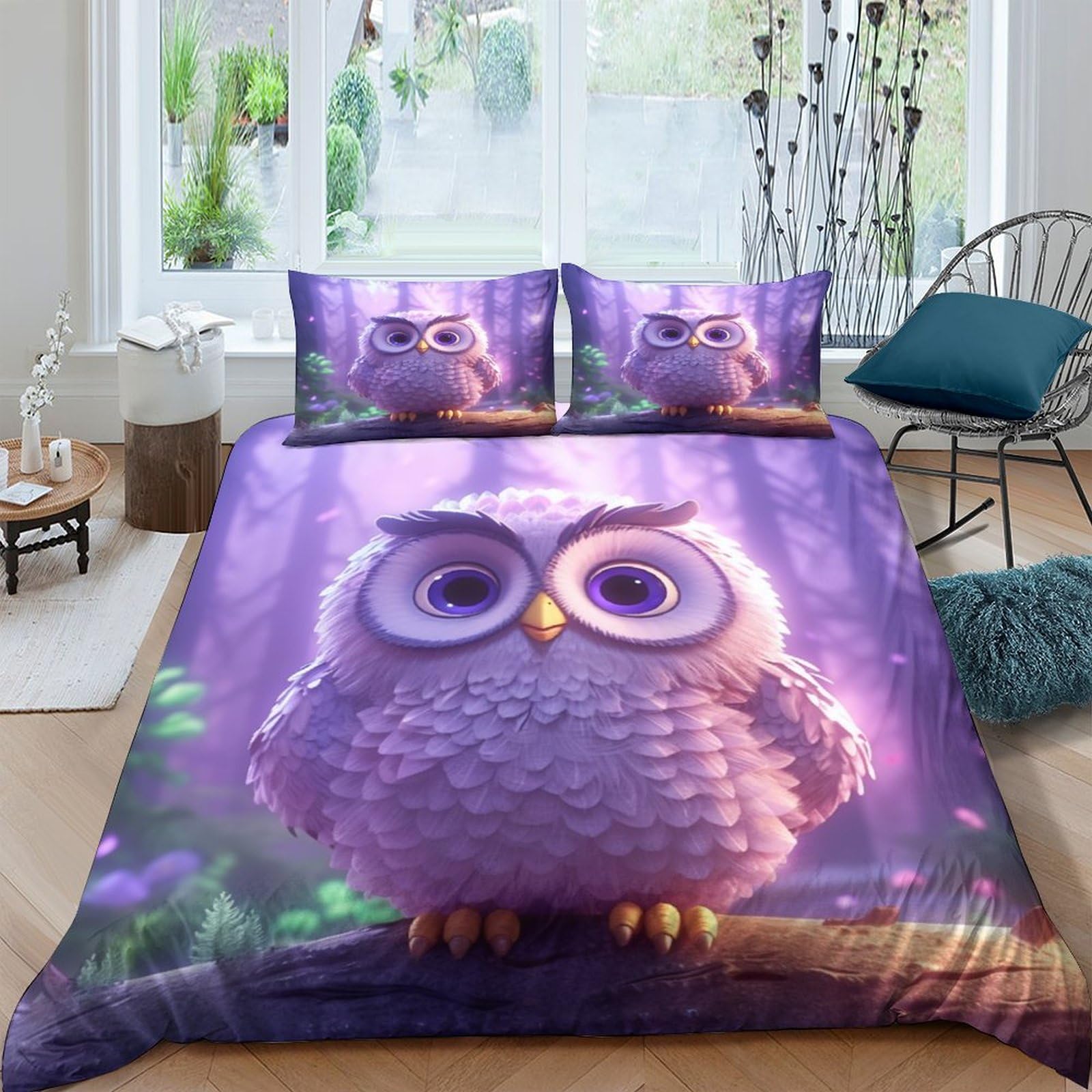 Housse de couette hibou imprimé 3D parure de lit double 200x200 en microfibre