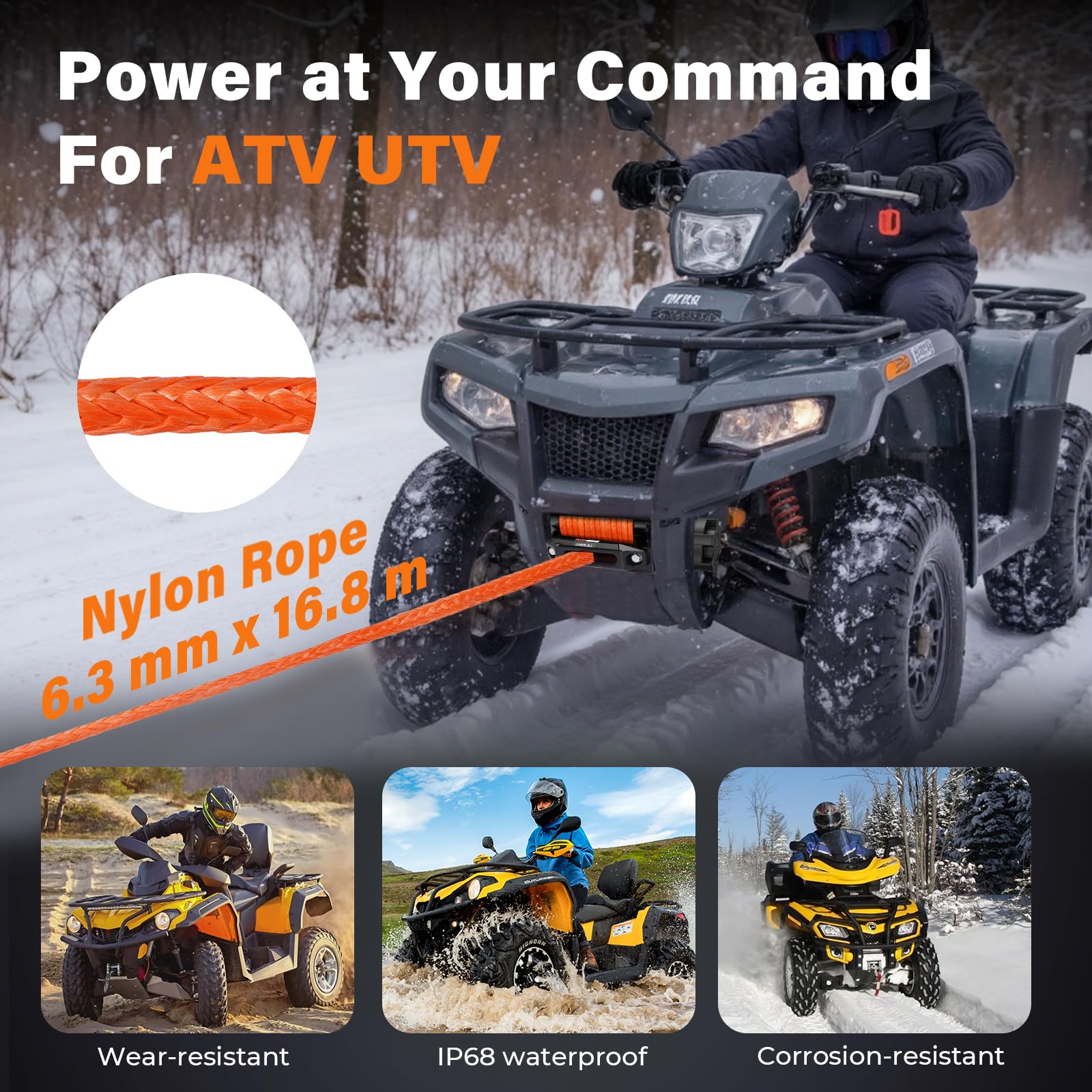 Anbull Wciągarka elektryczna 12V 6 000 LBS / 2722 Kg, Nie wymaga okablowania, IP68, lina syntetyczna 6,3 mm x 16,8 m, lina nylonowa, kompatybilna z Quad, ATV, UTV, elektryczny wciągarka 12 V