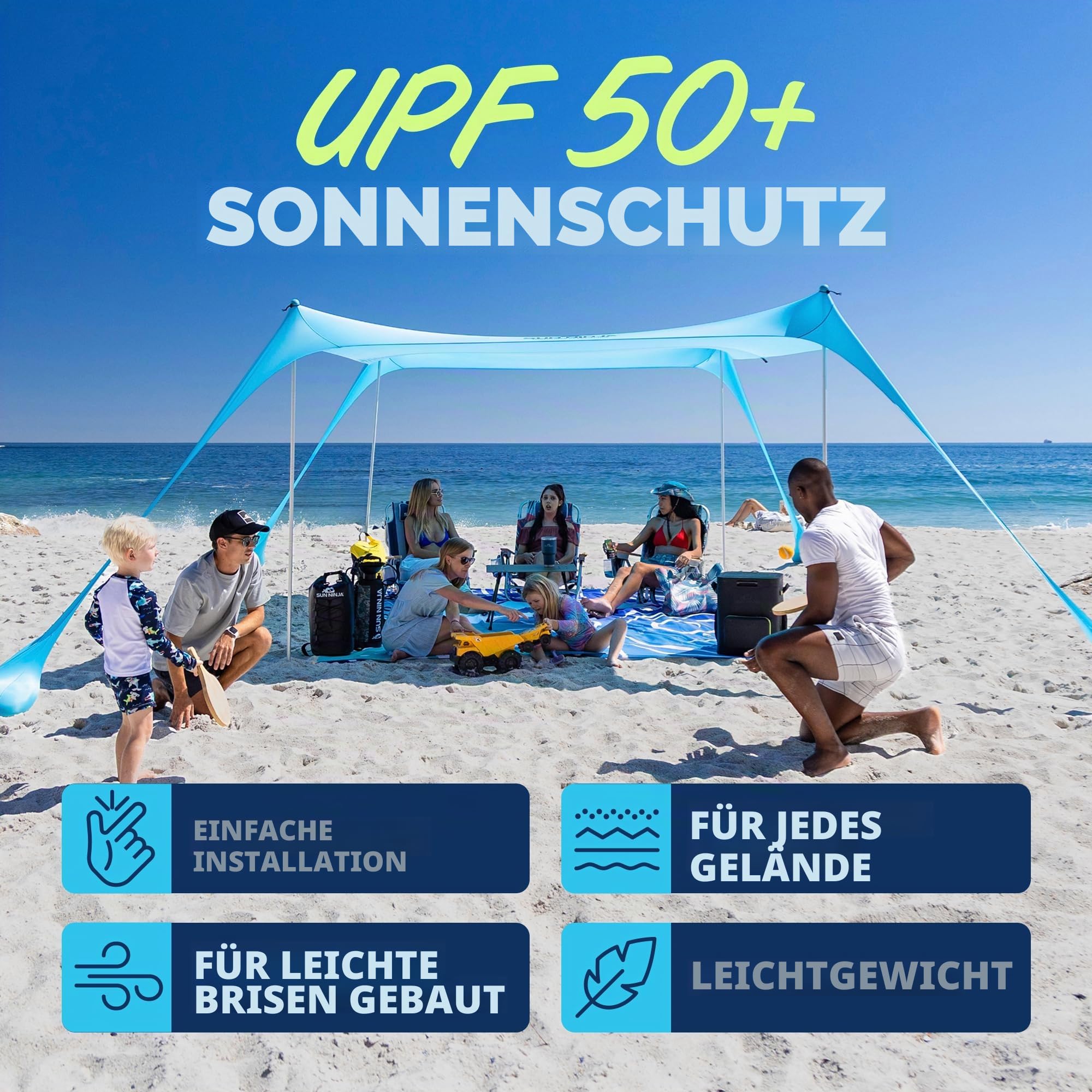 SUN NINJA Strandzelt, Sonnensegel LSF 50+, mit Sandschaufel, Heringen und Stabilitätsstangen, Schattensegel für draußen für Campingausflüge, Angeln, Spaß im Garten oder Picknicks