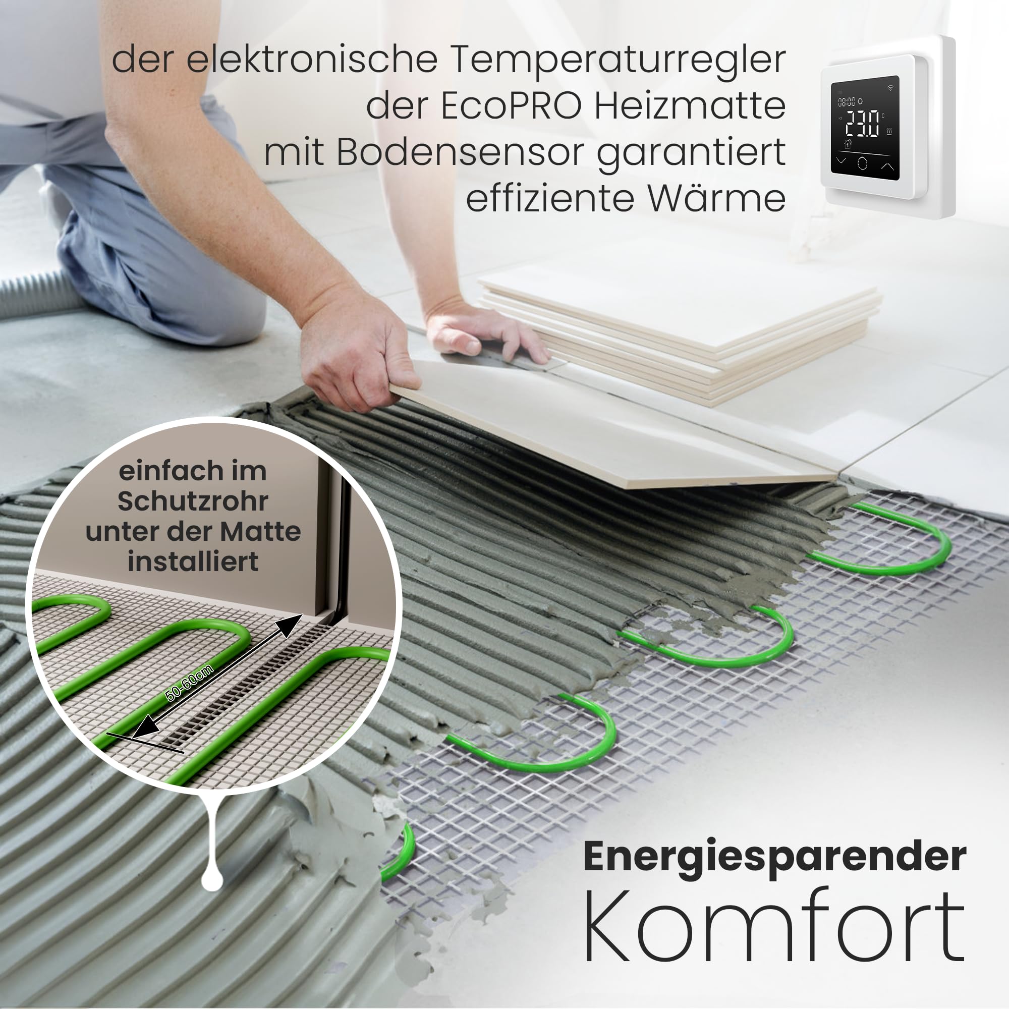 EcoPRO Heizmatten Set | 150 W/m² | 20 m² | Elektrische Fußbodenheizung - für Fliesen, Naturstein, Teppich, Vinyl und Laminat, inkl. Installationsmaterial, mit WLAN Touchthermostat (Weiß)