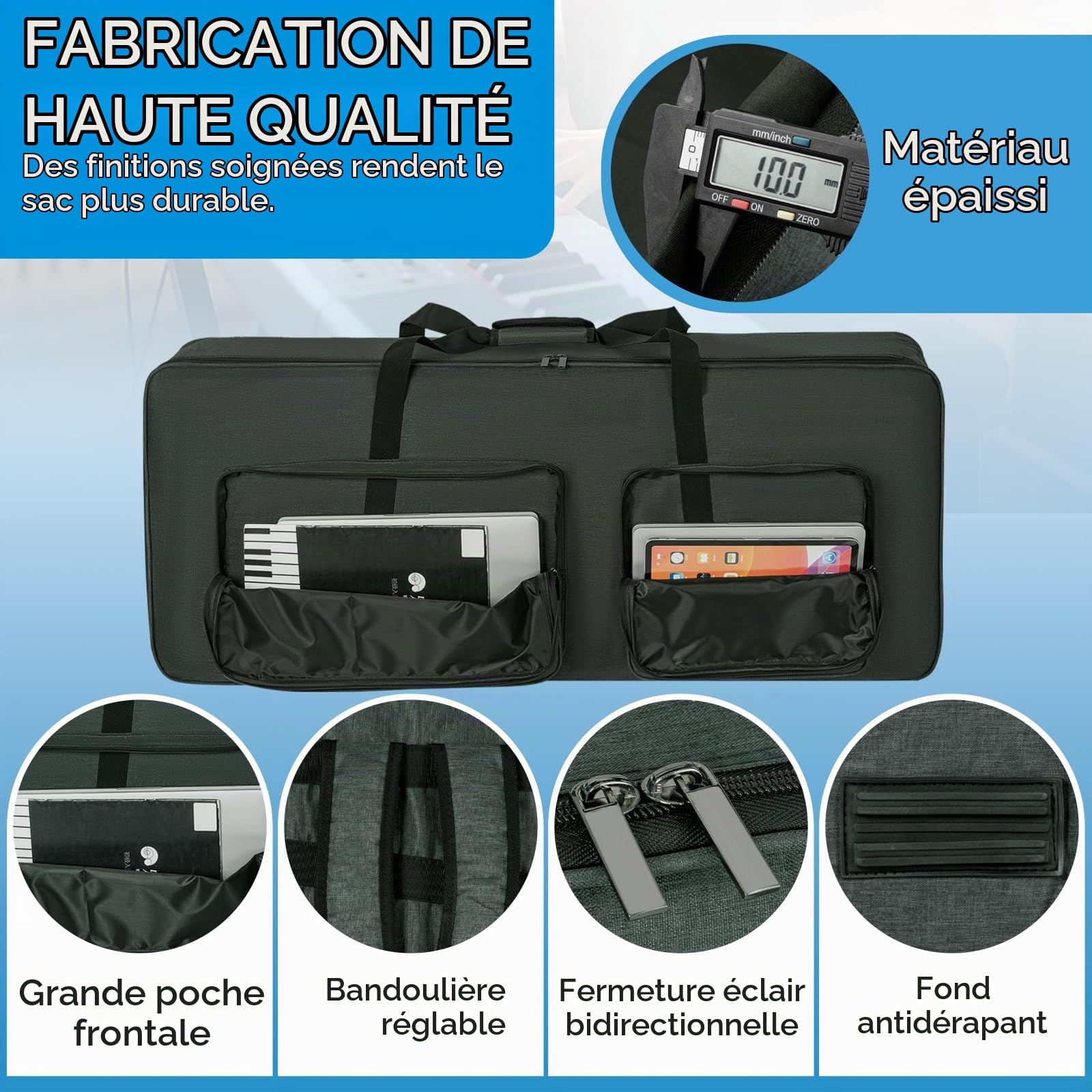 OUUTMEE Étui pour clavier 61/76/88 notes pour piano électrique, tissu Oxford 600D avec page d'accueil de 10 mm (noir), gris, 61 Tasche, formel