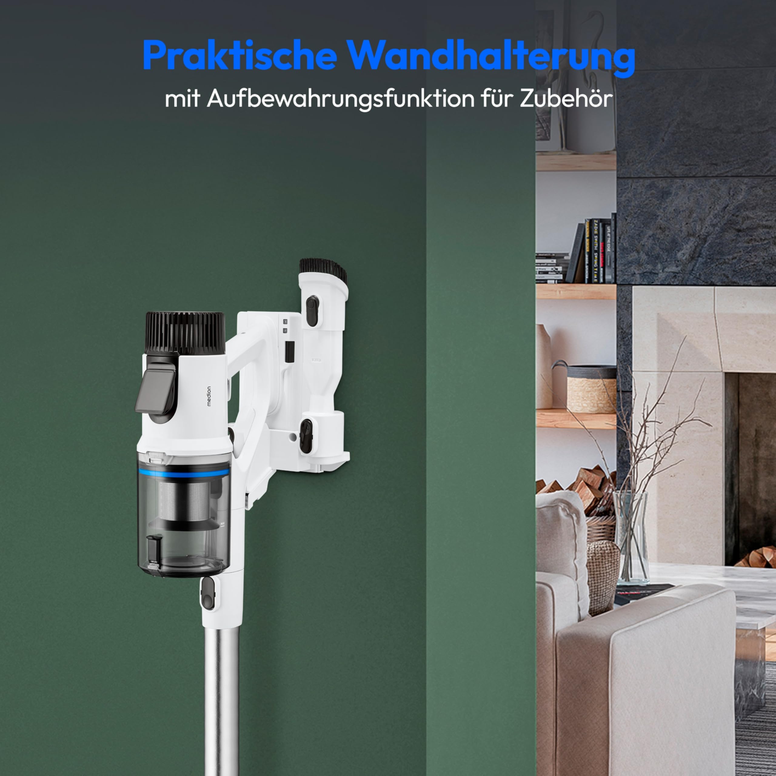 MEDION P400 W+ Akku-Stielstaubsauger mit Wischfunktion (elektrischer Wischaufsatz, kabellos, beutellos, Zyklon-Technologie, 400 Watt, Handstaubsauger, Staubsensor, HEPA H13, Bürstenrolle)