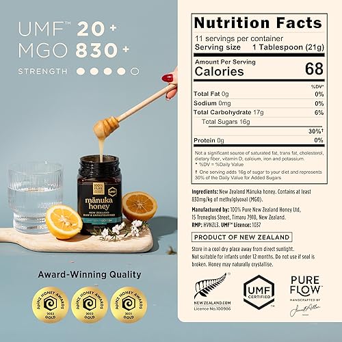 Miniatura 2 de Miel de Manuka UMF 20+ MGO 830+ 100% pura de Nueva Zelanda cruda y sin filtrar, galardonada certificada, sabor y textura suaves y sedosas, 8.8 onzas