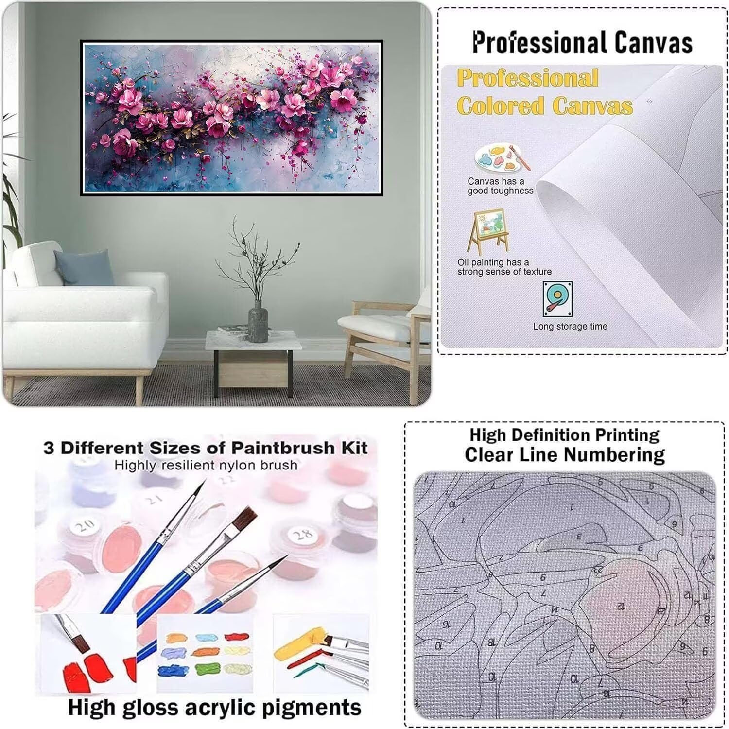 Anlage Malen Nach Zahlen Erwachsene Groß 60x120cm, Malen Nach Zahlen Blume Paint by Numbers, DIY Bastelset Erwachsene, mit 3-Pinseln und Acrylfarbe, für Zimmer Deko, Frauen Geschenk (Rahmenlos) Ly-216