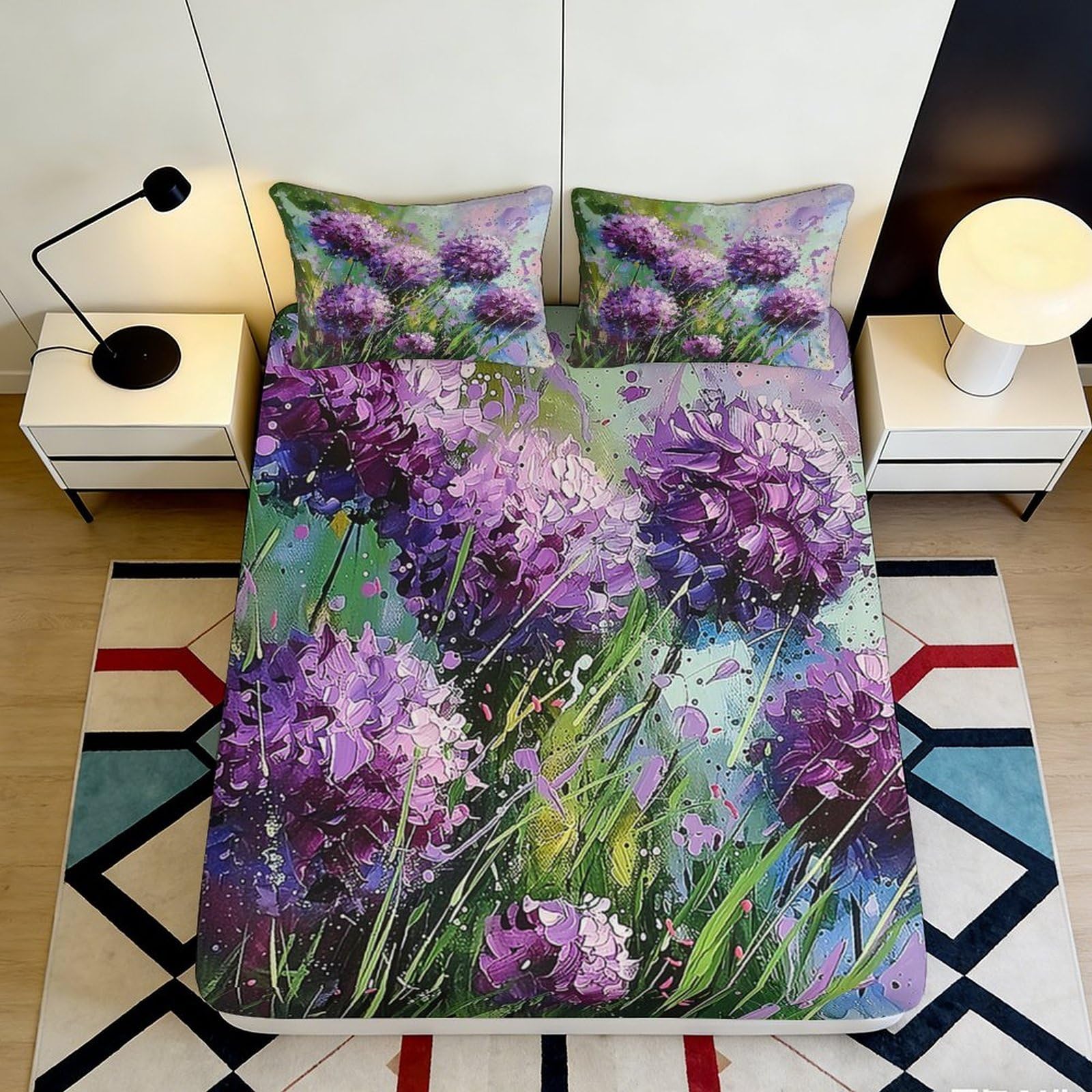 3D Printed Purple Hydrangea Fitted Sheet Microfiber Floral Art Mattress Cover for Bedroom Guest Room Decor 120x200cm 200x200x25cm