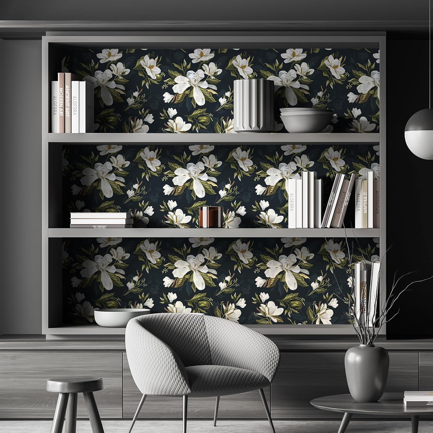 Black Floral Wallpaper Gardenia White Large Flower Wallpaper Peel and Stick 24"x118" Decorative Floral Dark Contact Paper for Cabinets Removable Walls Paper for Bedroom Living Room