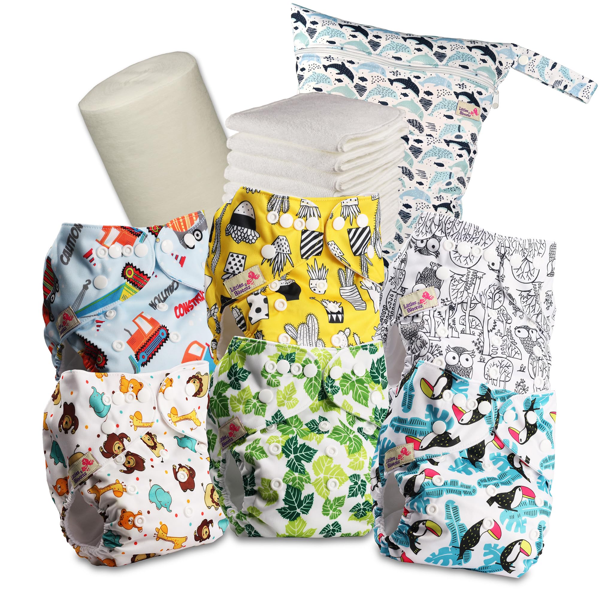 Littles & Bloomz Pannolini Lavabili Set da 6 con Inserti in Microfibra e Veli in Bambù