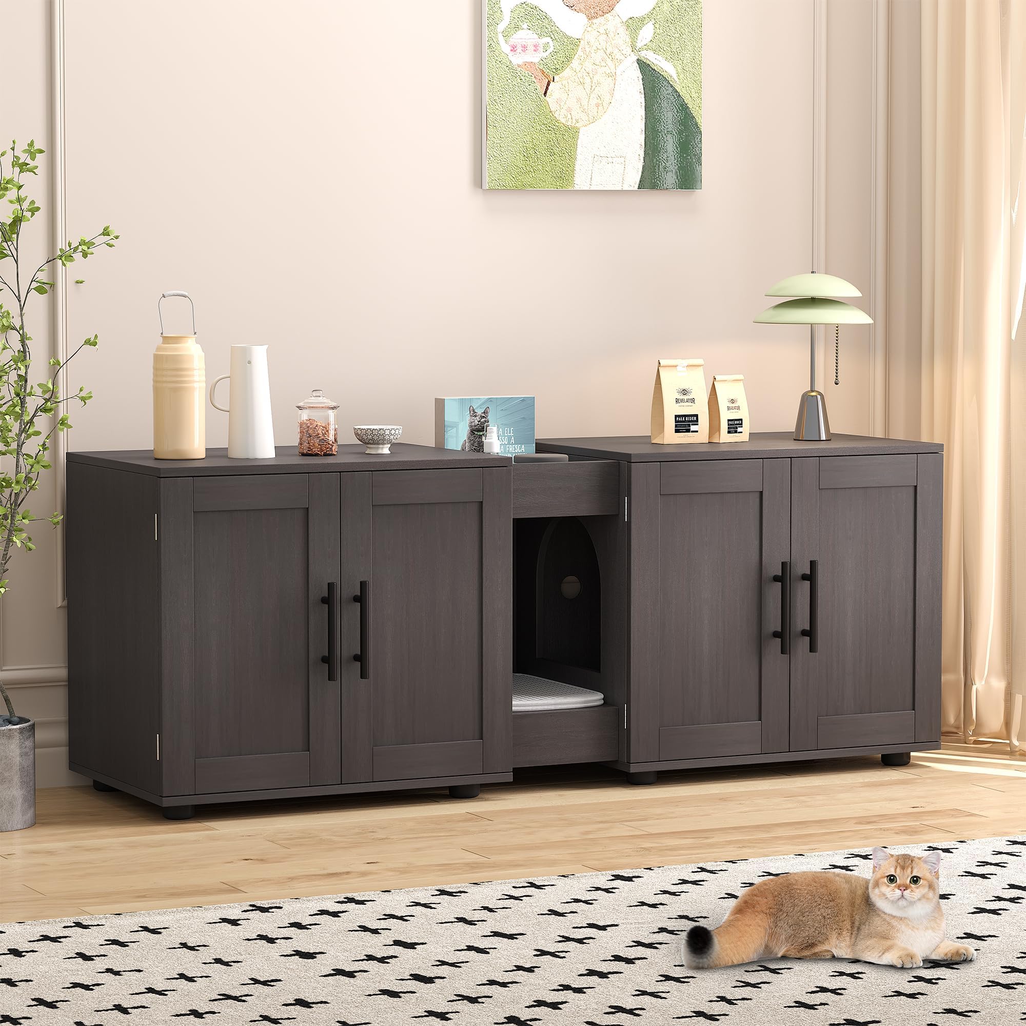 GarveeLife Mueble Arenero para Gatos – Gabinete Oculto con Doble Compartimento para 2 Cajas, Diseño 3 en 1 Mesita Lateral, Madera Impermeable, Negro 140x45x52 cm