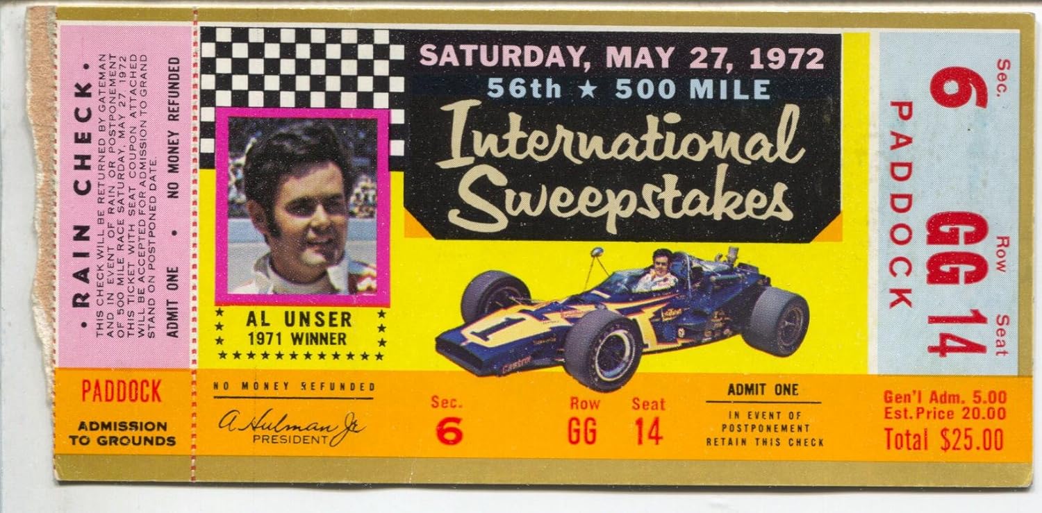 Indianapolis 500 Auto Race Ticket 5/27/1972Al Unser14paddock ticket