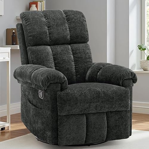 Recliner Chair, Swivel Rocker Recliner Chair for Adults, Small Recliners for Small Spaces, Upholstered Manual Recliner with Side Pockets, Nursery Rocking Chair for Living Room, Chenille, Black