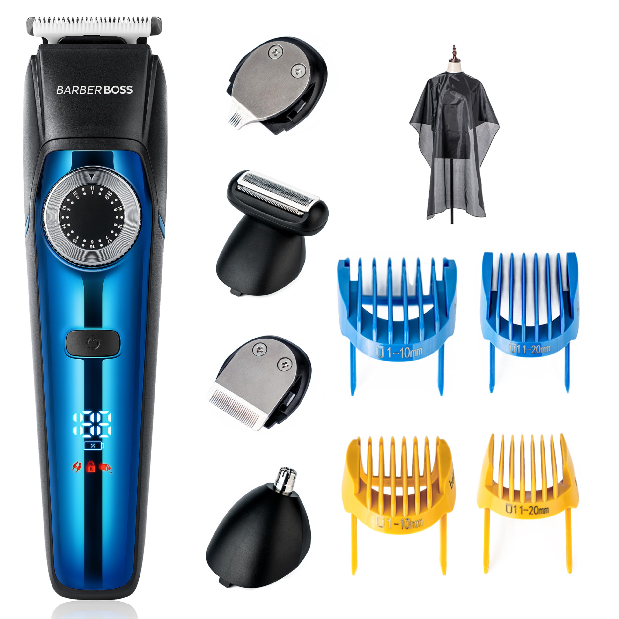 BarberBoss Kit de cuidado personal inalámbrico 5 en 1 para hombre, dial de precisión, 39 posiciones de longitud, cortadora de cabello y barba para hombres