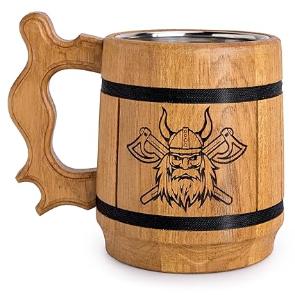 TESLYAR Viking Beer Mug Tankard Norse Cup for Men Stainless Steel Mug 20 oz Oak Wood Gifts for Men Birthday Gift Father's Day