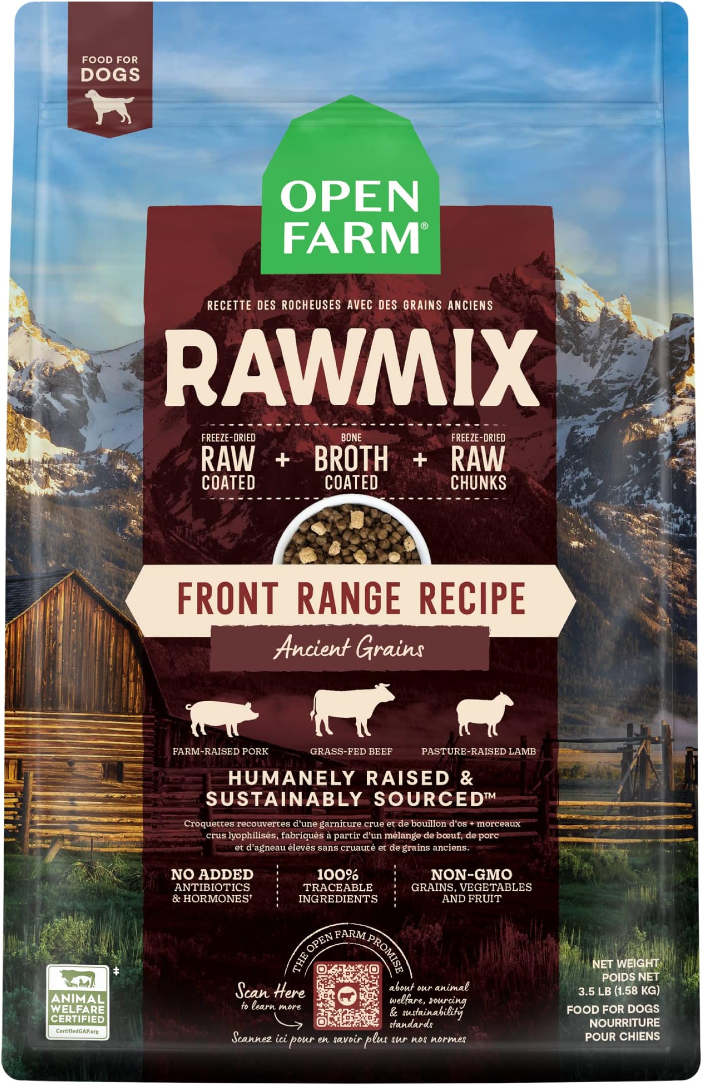 Open Farm, RawMix Dry Dog Food with Ancient Grains, Protein-Packed Kibble Coated in Bone Broth with Freeze Dried Raw Chunks, Beef Pork & Lamb, Front Range Recipe, 3.5lb Bag