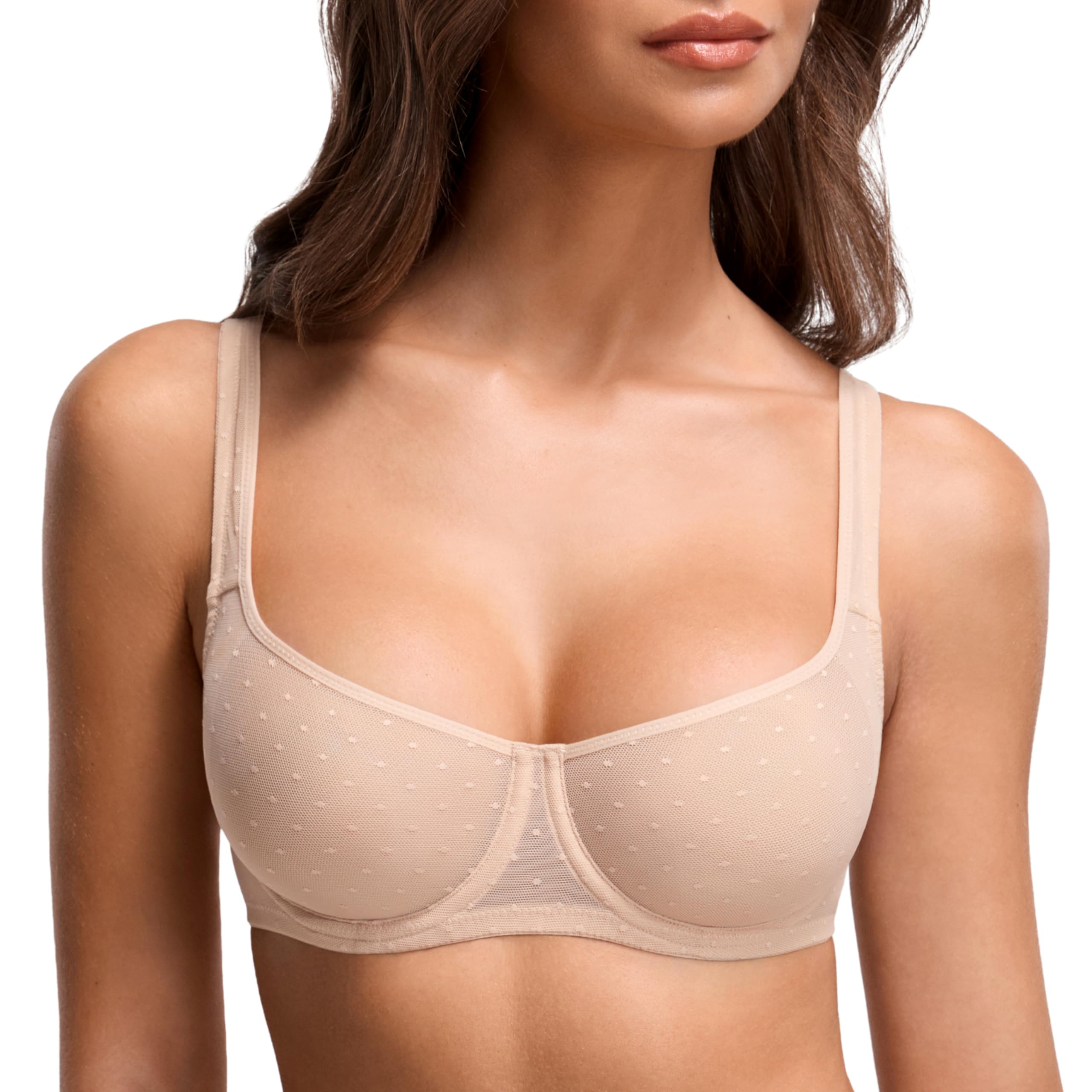Dobreva Women's Beige Mesh Balconette Bra Unlined Scoop Neck 36D