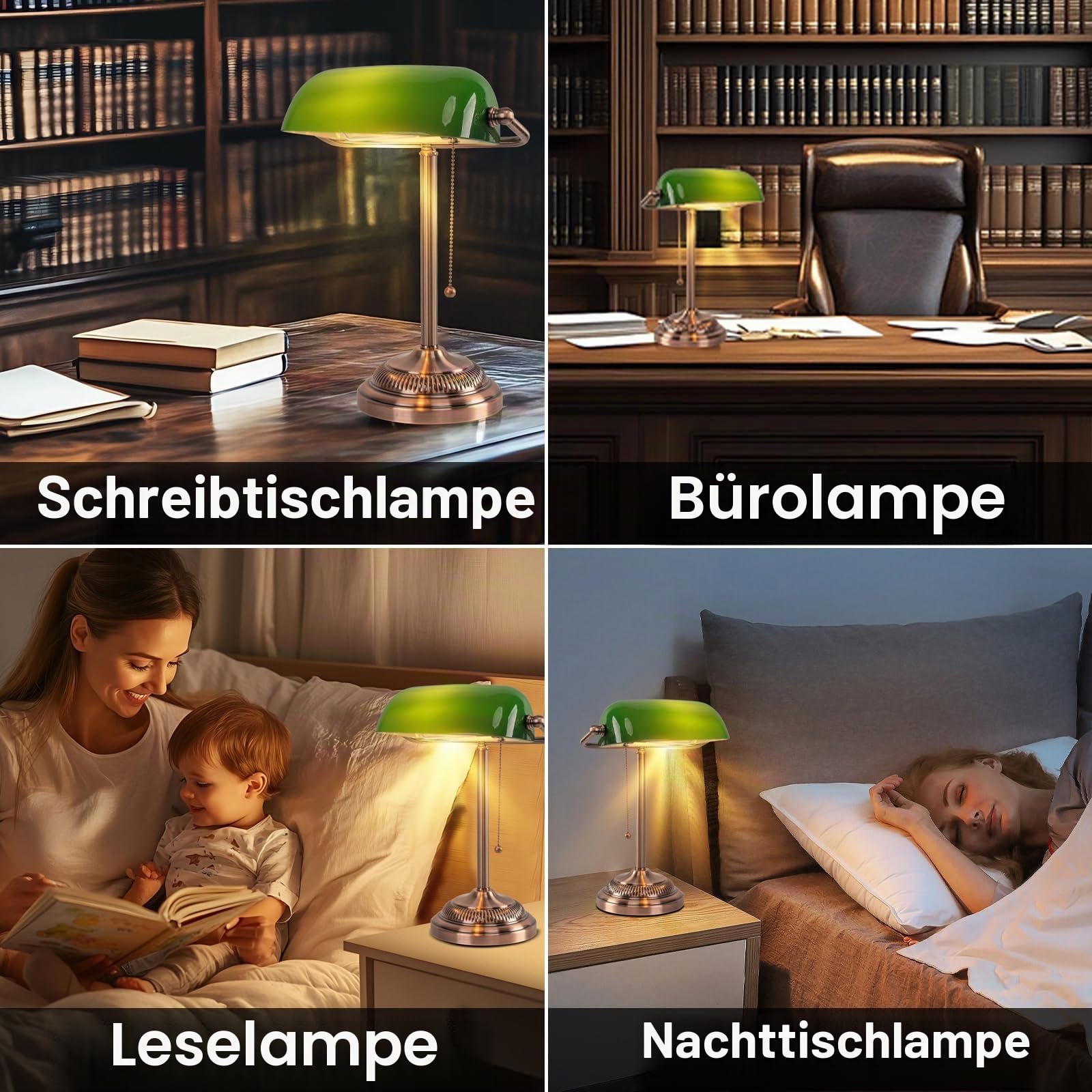 FIRVRE Banker-Schreibtischlampe, grüner Glasschirm, Vintage-Schreibtischlampe mit Zugkettenschalter, Retro-Tischlampen für Homeoffice, Bibliothek, Klavier