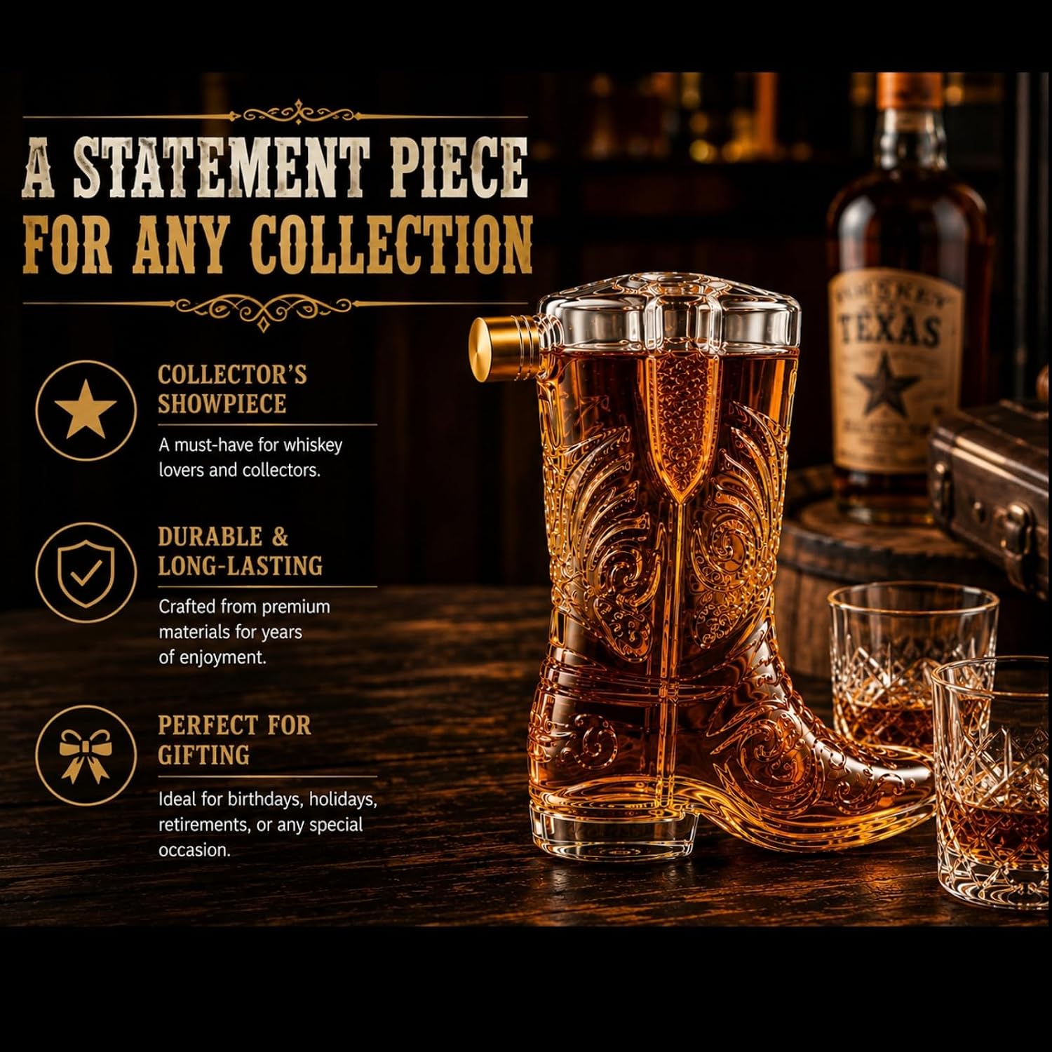 Western Cowboy Boot Whiskey Decanter 27oz – Unique Handcrafted Glass Liquor Bottle, Collectible Barware Birthday, Christmas, Gift for Men, Dad, Husband, Bourbon, Tequila, Scotch, Birth Day, Home Bar image 4