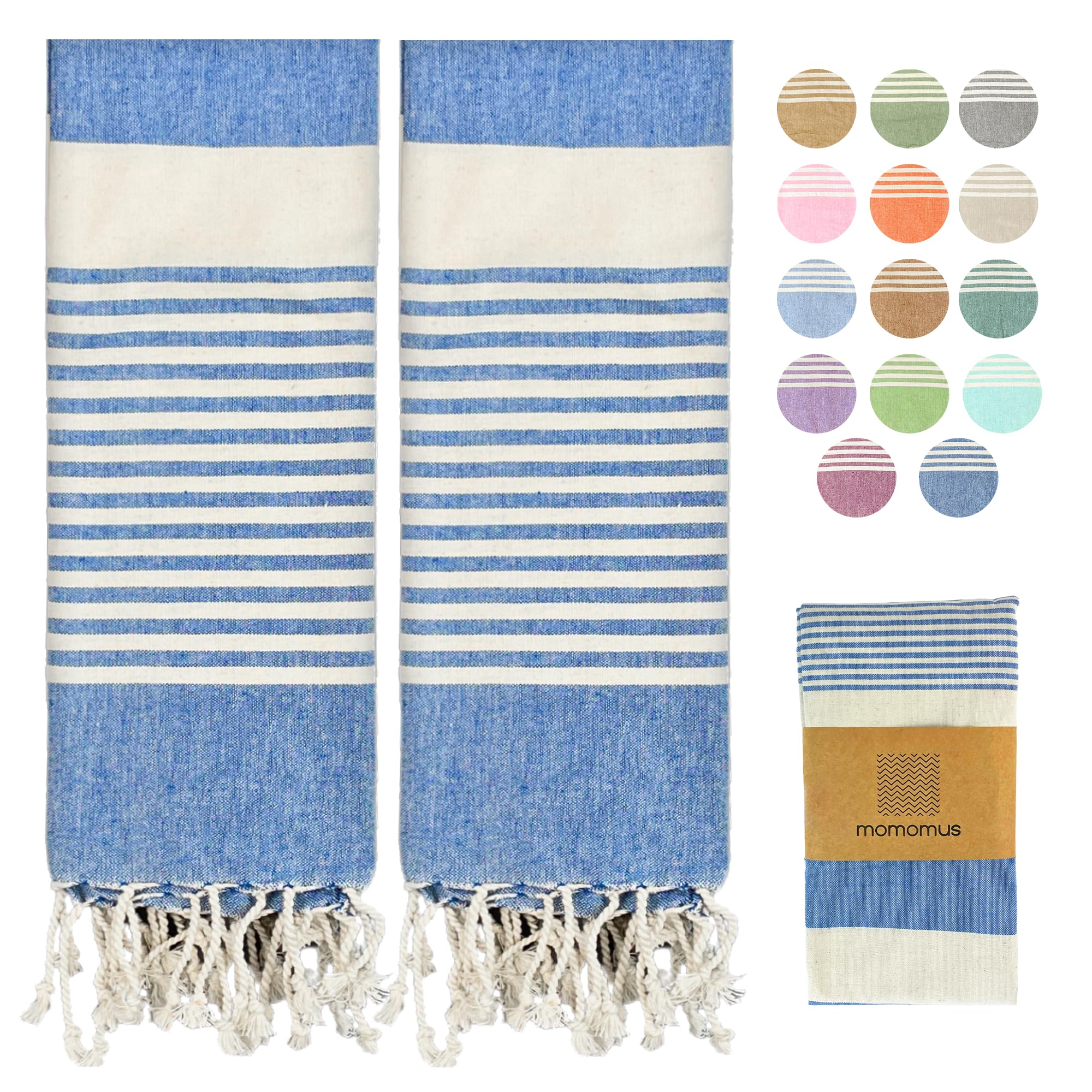 MOMOMUS MOMOMUS Pack de 2 Foutas XL o Toallas de Playa Grandes de Algodón 100% - Absorbentes, Ultrasuaves, Compactas - Ideal como Pareo y Toalla para Sauna, SPA y Piscina - Azul, 90x180cm