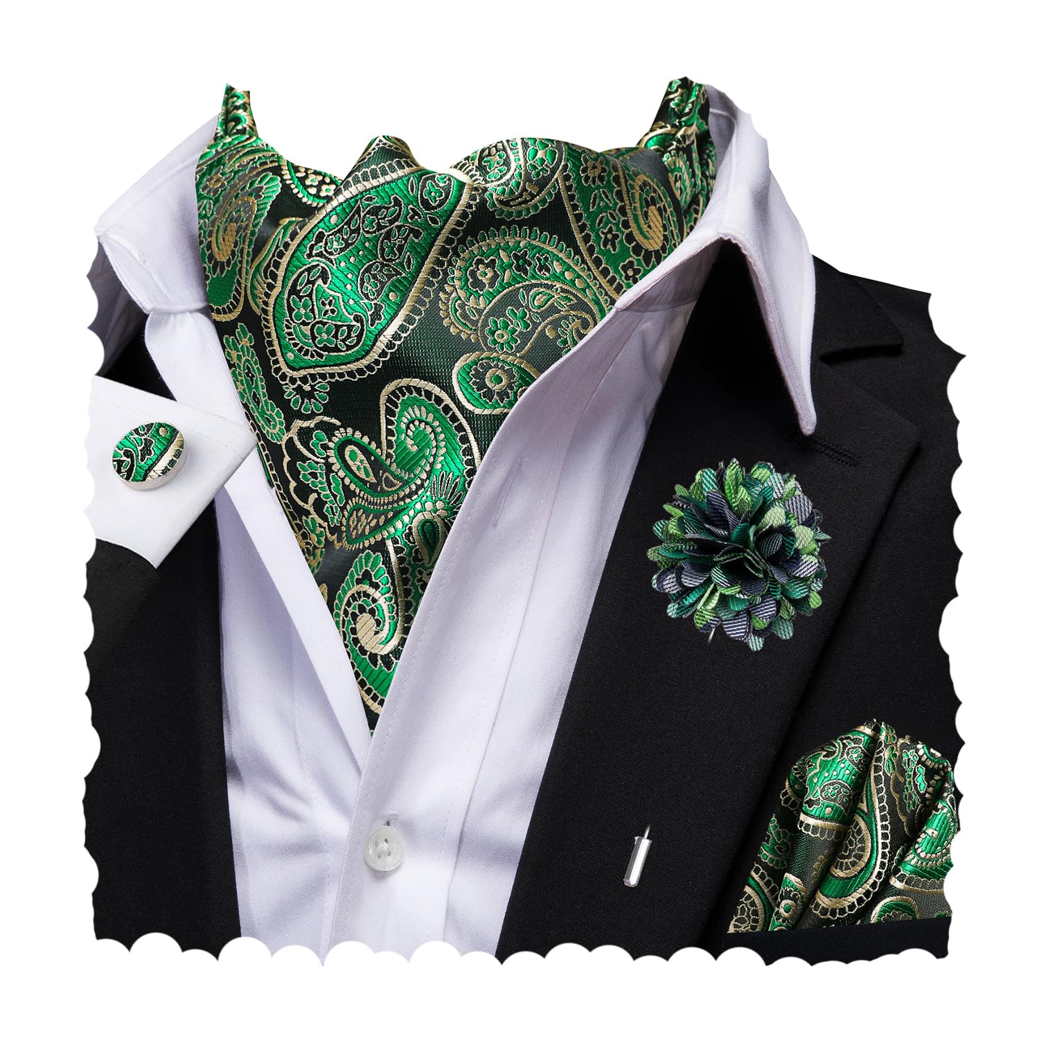 Hi-Tie Silk Ascot for Men Self Tie Men's Cravat and Flower Lapel Pin Handkerchief Cufflinks Set for Wedding Party