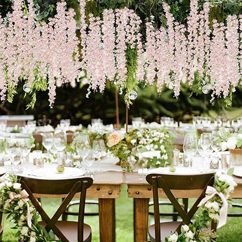 Miniatura 4 de Flores colgantes de glicinia, 60 ramas, guirnalda de flores de glicina rosa para decoración de boda, recepción, arco al aire libre, fiesta, jardín,