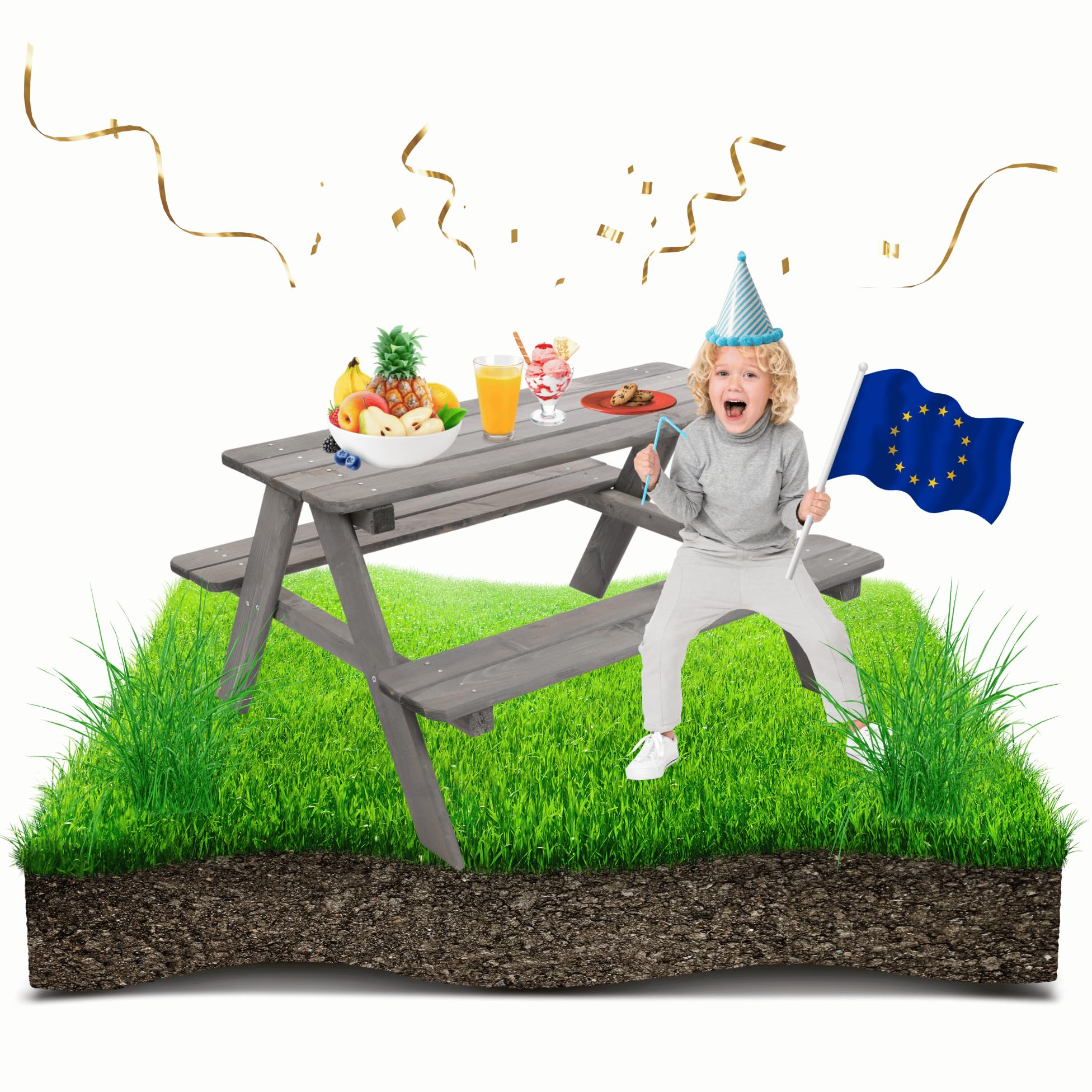 Kindersitzgarnitur für 4, Picknicktisch für Kinder aus Kiefernholz, Outdoor Sitzgruppe mit 2 Bänken, Gartensitzgarnitur & Spielmöbel, Abmessungen 90x91x50 cm, Farbe: Grau (imprägniert)