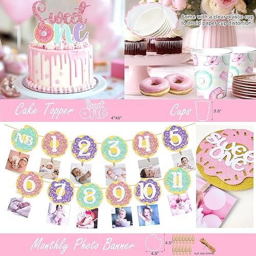 Miniatura 4 de 195 piezas de decoración de fiesta de cumpleaños Sweet One, suministros de fiesta de Hombae Donut para niña, telón de fondo, guirnalda de globos,